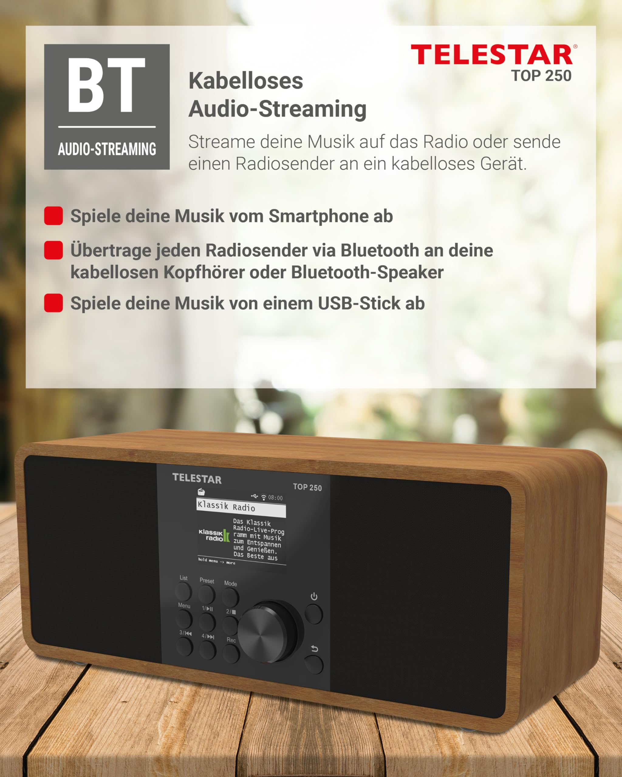 TELESTAR TOP 250 – DAB+/Internetradio, Stereo – Holz | 2 × 10 Watt, Bluetooth Audio-Streaming & Sendefunktion, USB-Aufnahme, Notfallwarnsystem, App-Steuerung