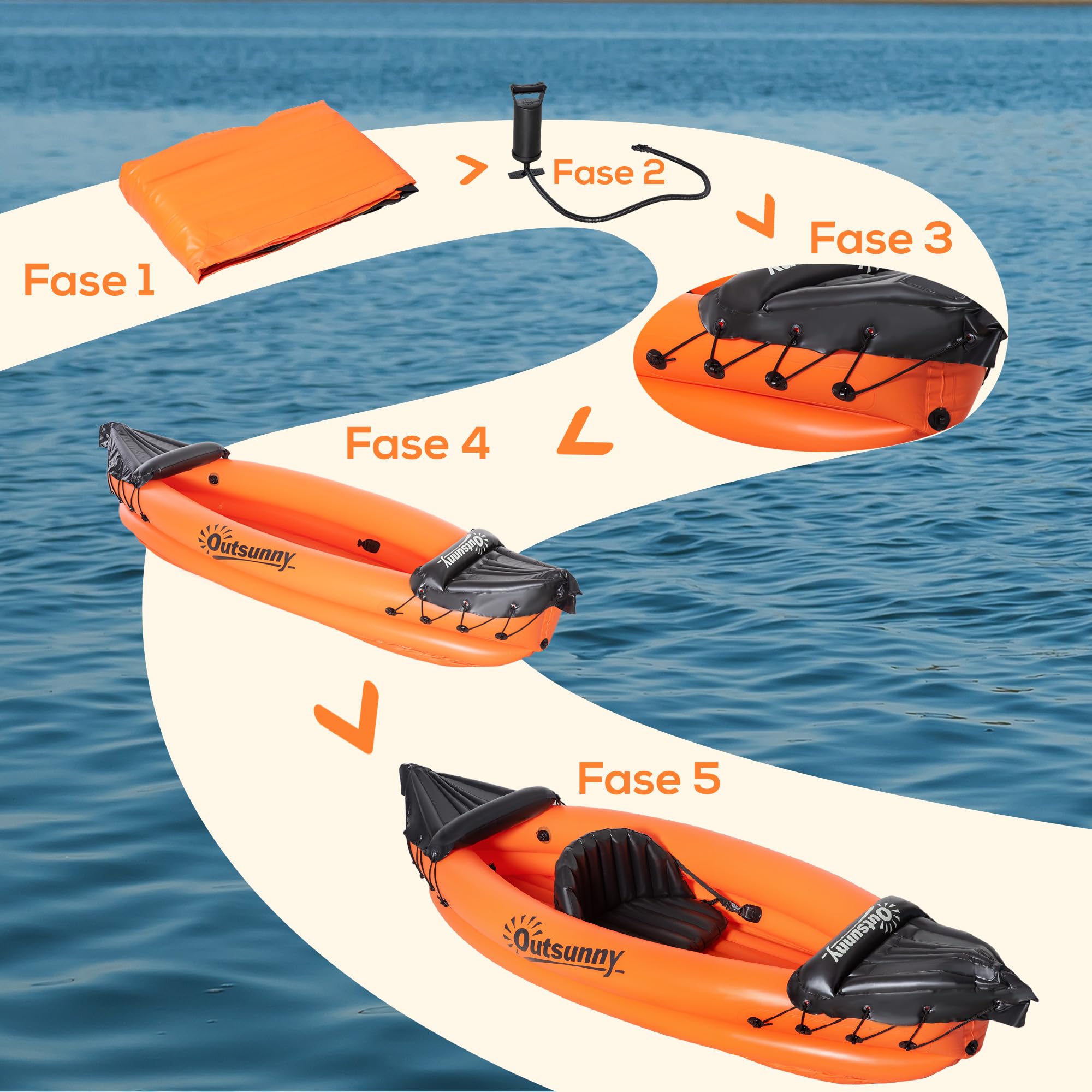 Outsunny Canoa Gonfiabile 1 Posto Kayak con Remo in Alluminio, Kit Riparazione e Pompa per Gonfiaggio, Arancione