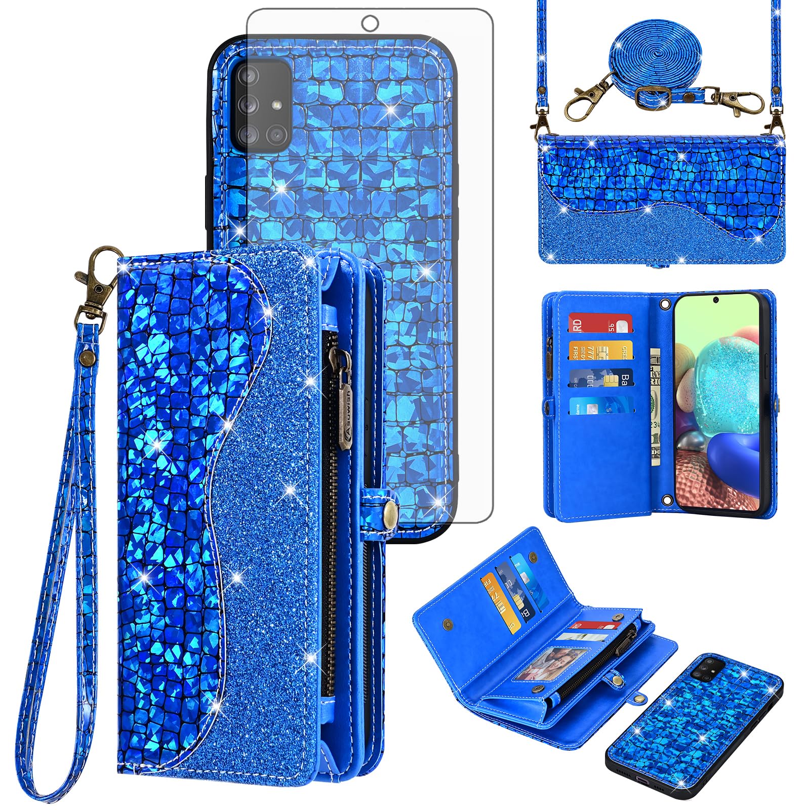 Asuwish Phone Case for Samsung Galaxy A71 5G Zipper Wallet Detachable Cover with Tempered Glass Screen Protector and Card Holder Slot Wrist Strap Flip