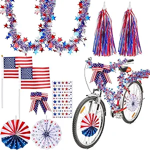 Suncalla 4th of July Bike Decorations Kit Parade Patriotic Bicycle Decor Red White and Blue Tinsel Garlands Bike Streamers American Bow USA Flags Star Stickers for Independence Day 250th Anniversary