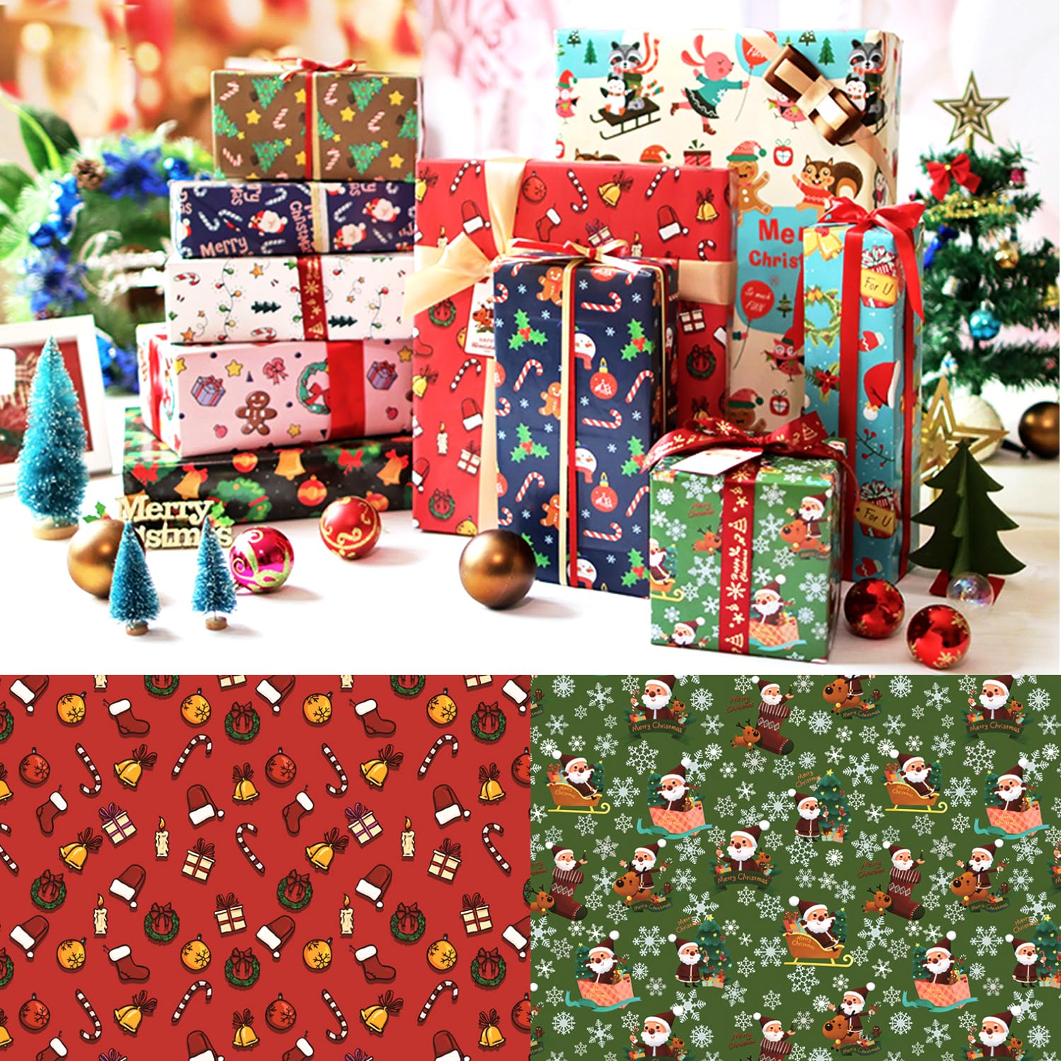 Papier Cadeau De Noël 20 Feuilles + 24 Nœuds | 10 Motifs, 70x50 Cm, Pailleté, Parfait Pour Emballer Vos Présents