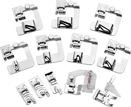 12Pcs Rolled Hem Presser Feet Set, 7Pcs Wide Rolled Hem + 3Pcs Narrow Hemmer Foot with Adjustable Guide & Bias Binder Foot, for Low Shank Singer, Brother, Janome Sewing Machines