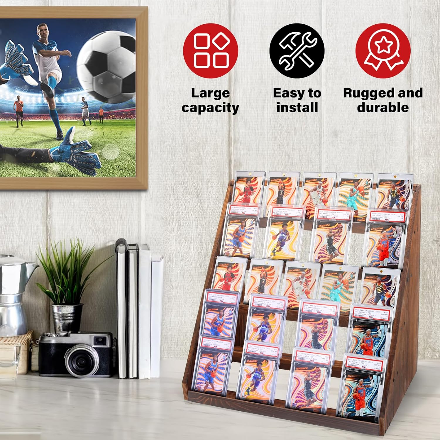 5-Tier Card Display Stand,Wood Trading Card Display for Graded Cards,Sports Card Display Case for PSA CGC SGC BGS Slabs - Large Capacity Graded Card Display for Collectors (Brown)