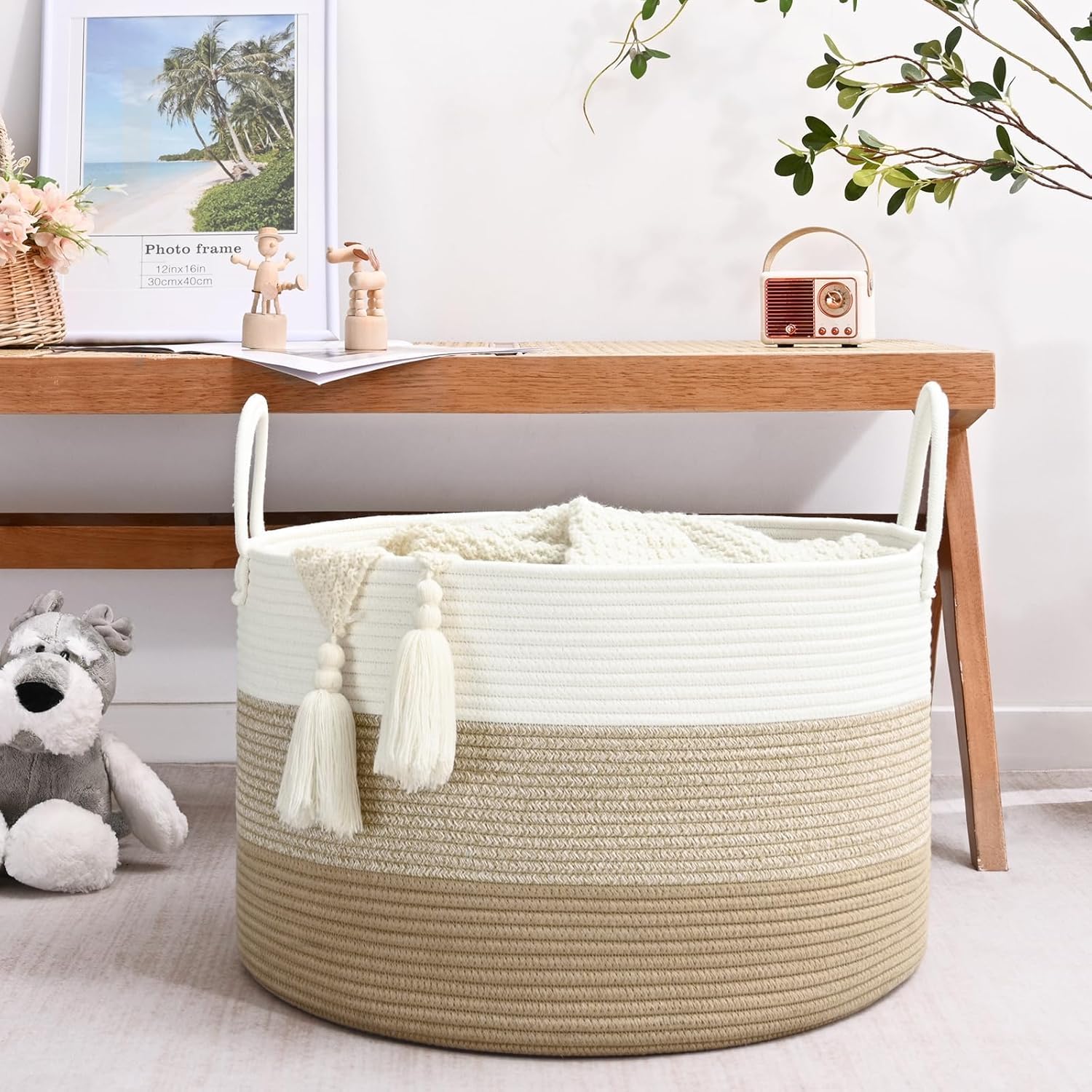 Extra Large Toy Basket, 20"x13" Kids Toy Storage for Playroom Classroom Nursery, Woven Rope Blanket Basket with Handles, Stuffed Animal Organizer & Dog Toys Basket, Gradient Brown