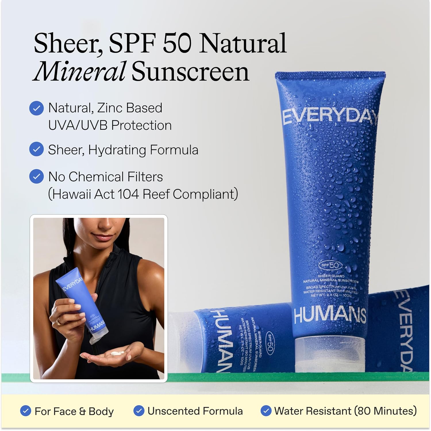 Everyday Humans Sheer Guard Natural Mineral Sunscreen SPF 50 3.4 oz | Zinc Oxide, Clean, Reef-Friendly Travel Size Face and Body | Fragrance-Free, Water Resistant UVA/UVB Protection | Beach Defence - Image 2