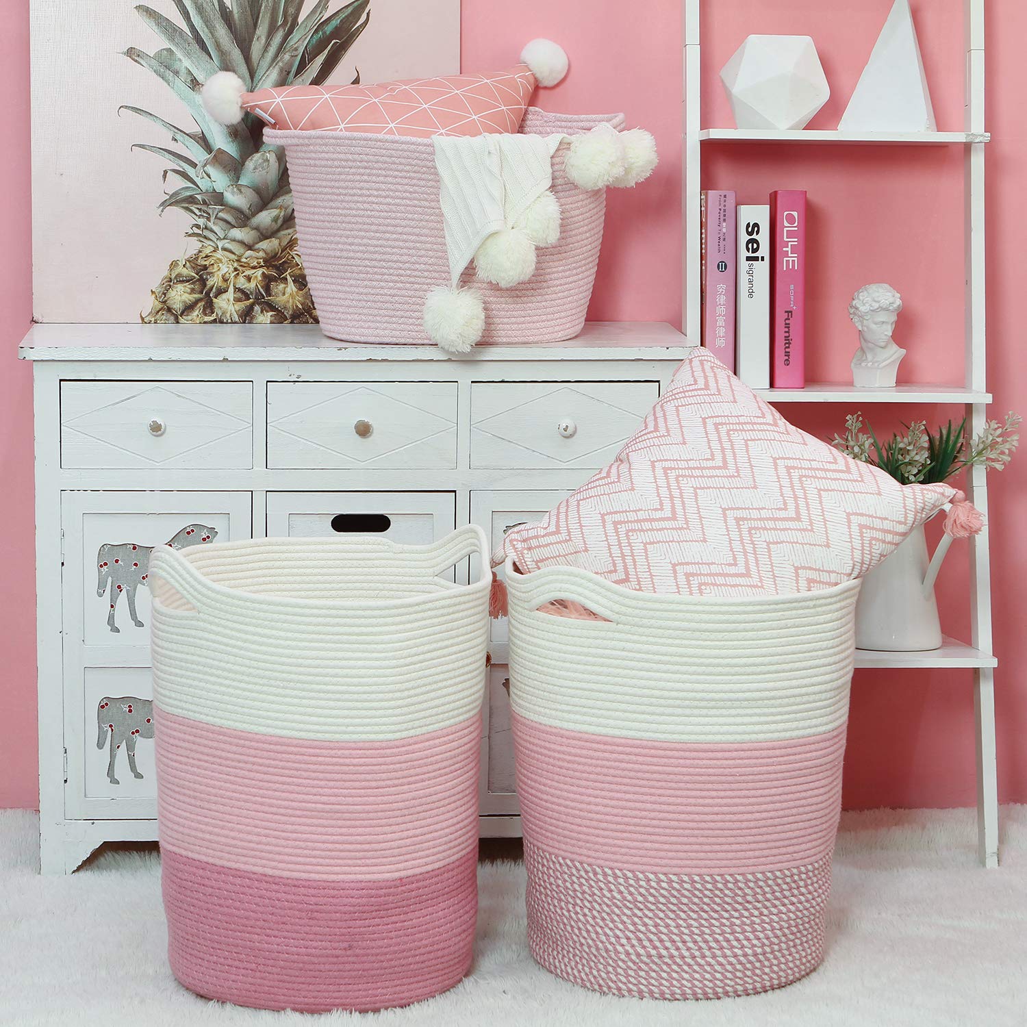 Sea Team Large Size Cotton Rope Woven Storage Basket with Handles, Laundry Hamper, Fabric Bucket, Drum, Clothes Toys Organizer for Kid's Room, 20 x 14 inches, Round Open Design, White & Pink