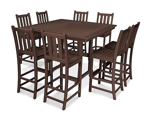 Traditional Garden 9-Piece Nautical Trestle Bar Set in Mahogany