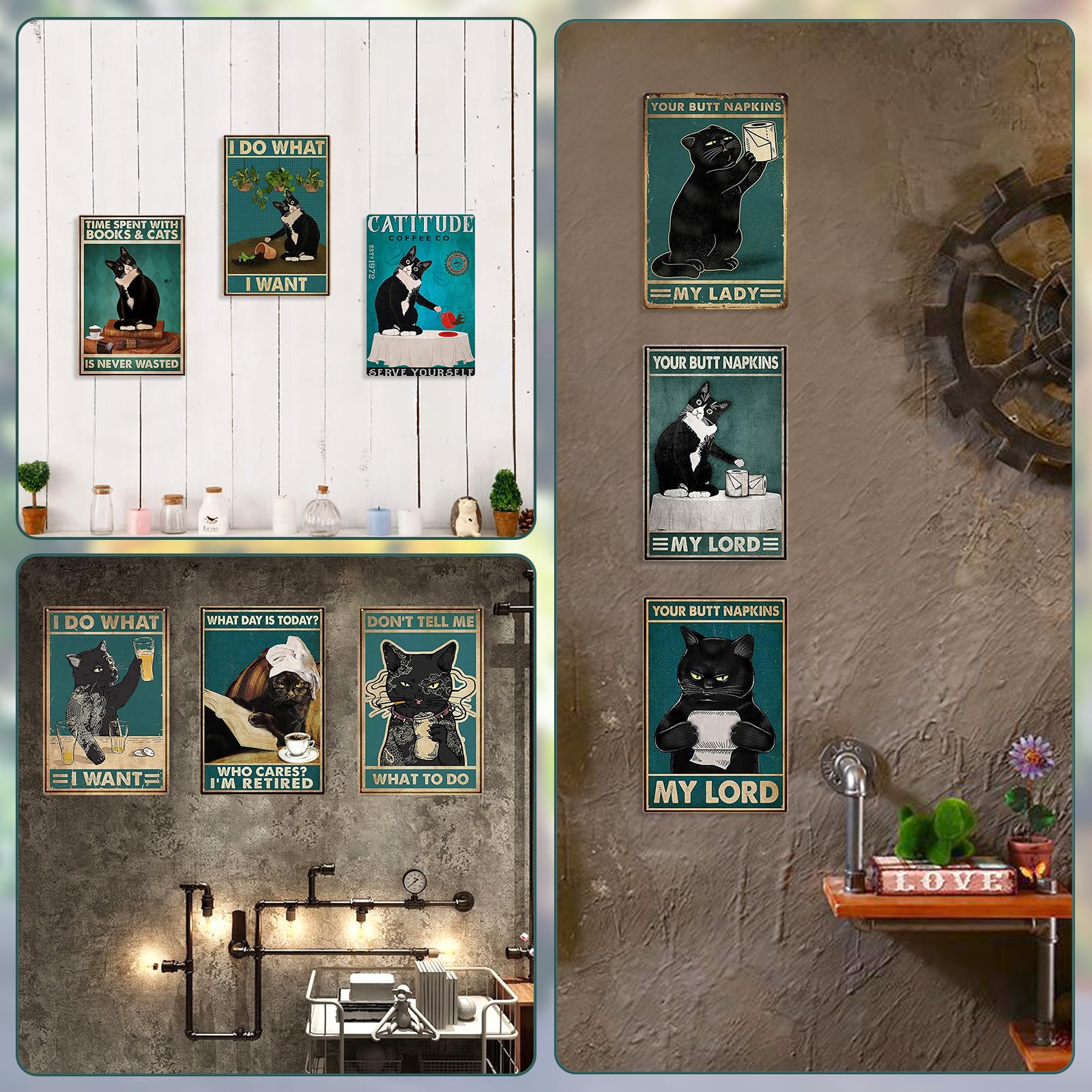 Cartello Vintage In Metallo Per Lavanderia - Gatto Nero Con Scritta 'Wash Dry Fold' | Decorazione Casa Rustica - Foto 5
