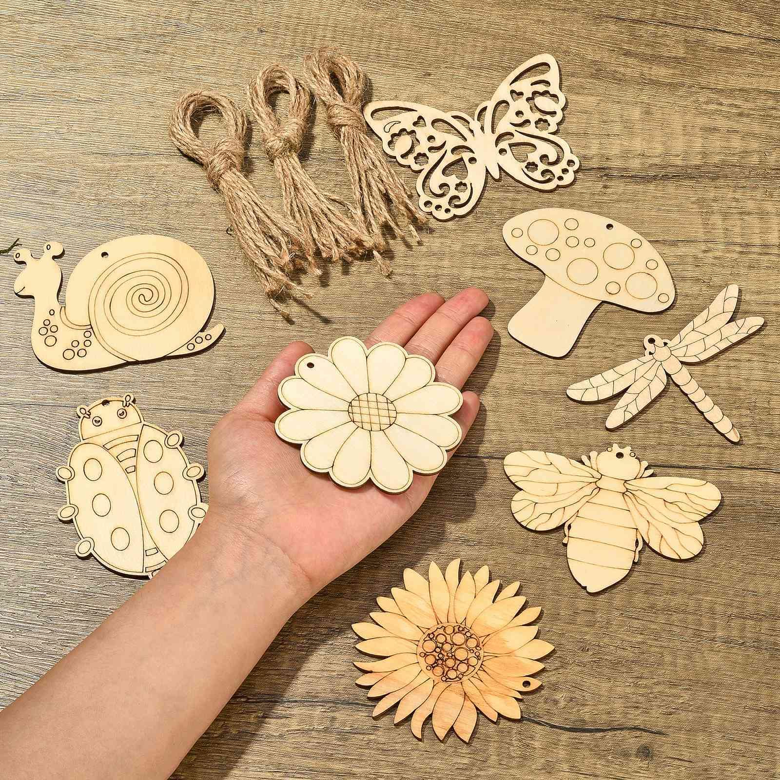 Set 36 Pezzi Forme In Legno Fai Da Te Per Bambini, 12 Disegni (Farfalla, Fiore, Insetti), Con Corda, Da Dipingere