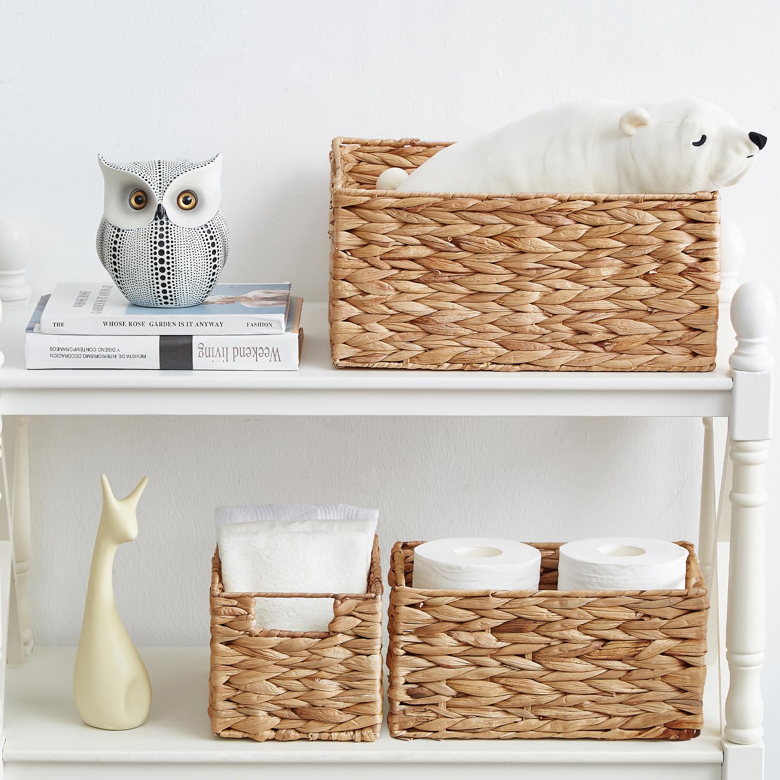 Vagusicc Wicker Basket, Water Hyacinth Wicker Storage Basket with Built-in Handles, Baskets for Organizing, 15'' Large Storage Baskets for Shelves with Liner (3-Pack Water Hyacinth Baskets Set)