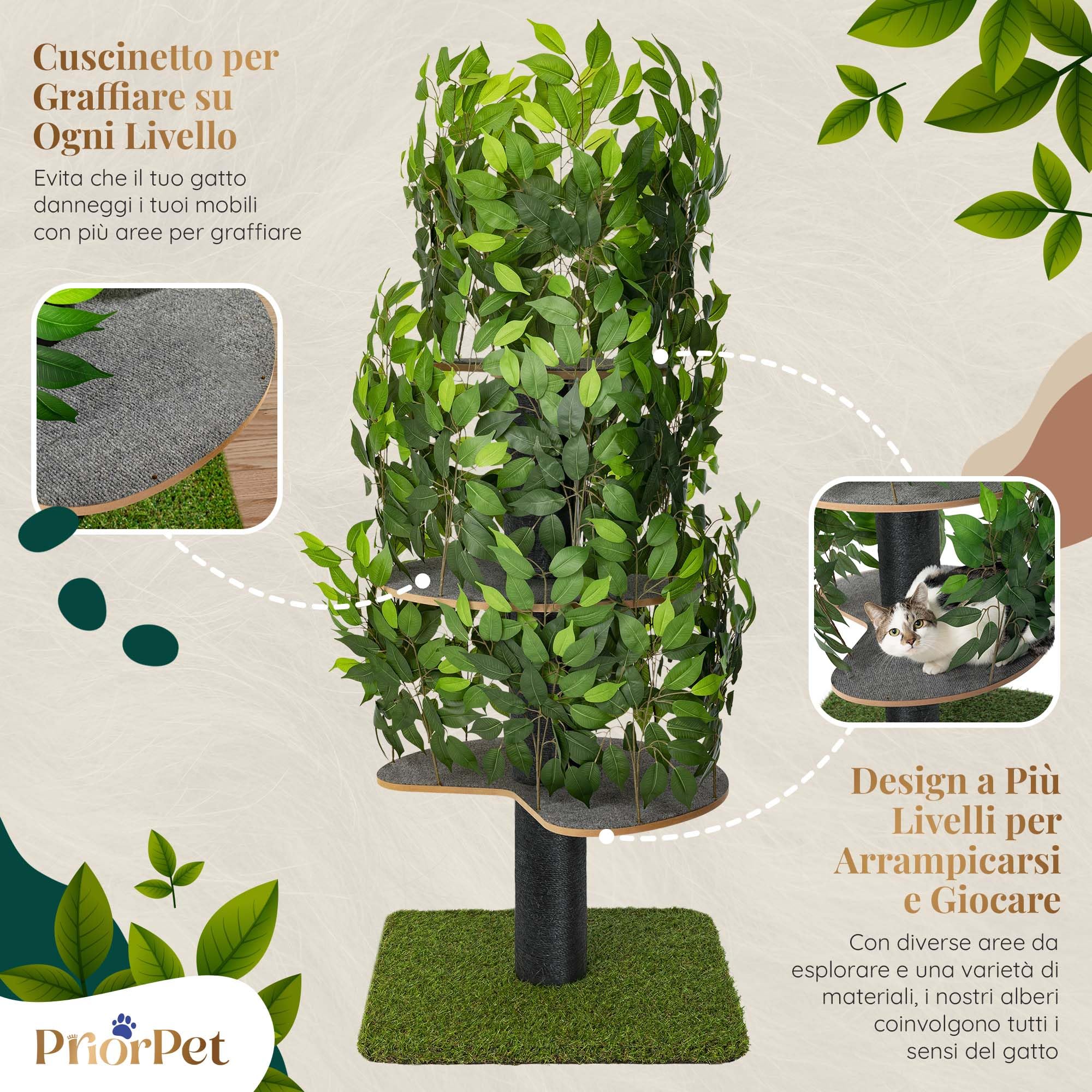 Albero per gatti con Foglie Intercambiabili - Brevettato Tiragraffi per Gatti Adulti, per Arrampicarsi Nascondersi e Dormire - Più Livelli, Facile da Montare - Tiragraffi Gatto Costruzione Robusta