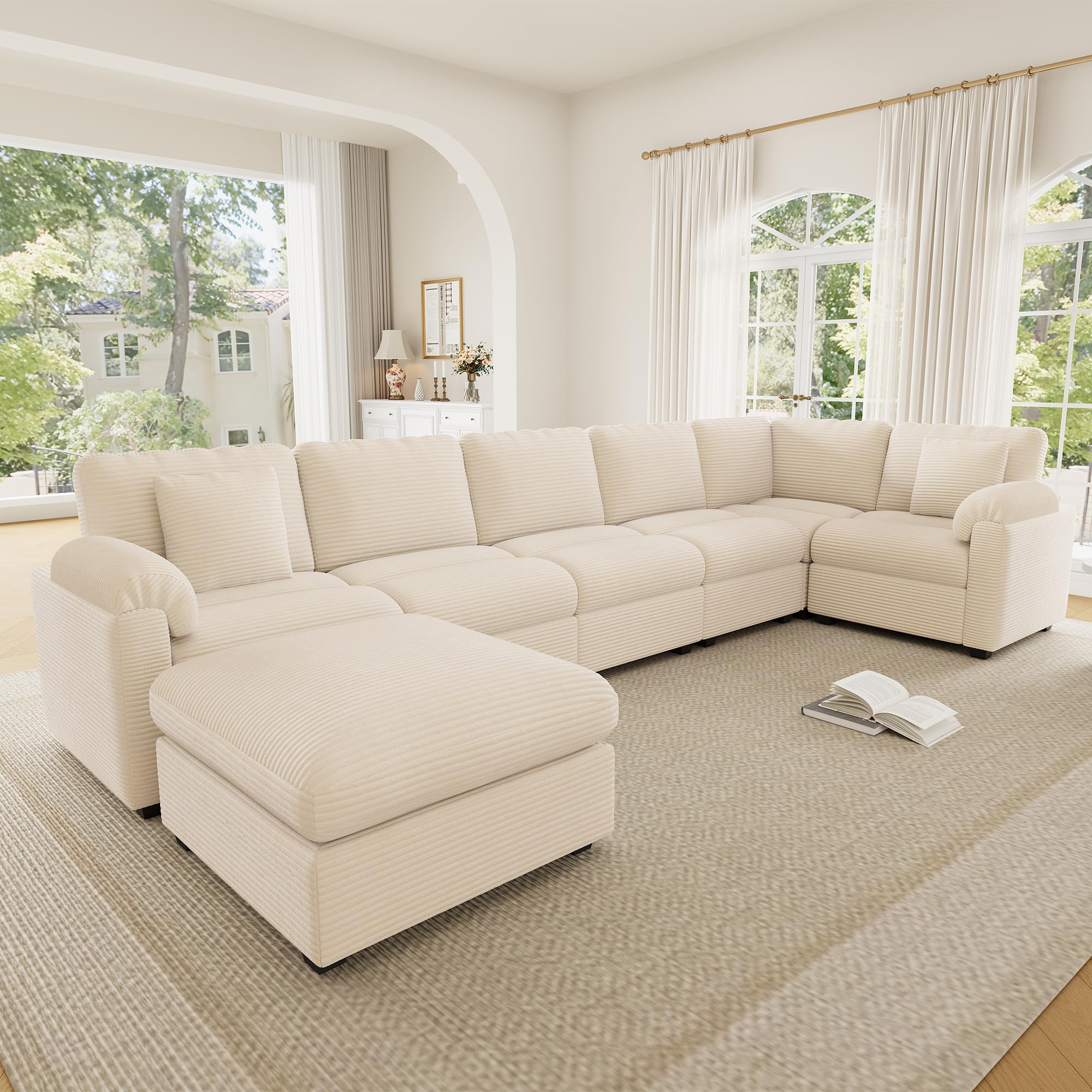 Sapgaks Sofá Convertible de 7 plazas en U/L con Pufs Móvil, Sofá de esquina grande Convertible de pana con cojines, Sofá Modular Multifuncional en el Salón Appt, Beige