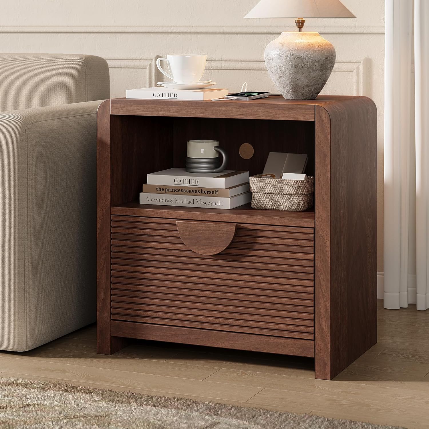 23" Wide Fluted Nightstands Set of 2 with Charging Station, Wood Bedside Tables with Drawer and Open Compartment, Mid Century End Tables for Bedroom, Home Office, Walnut