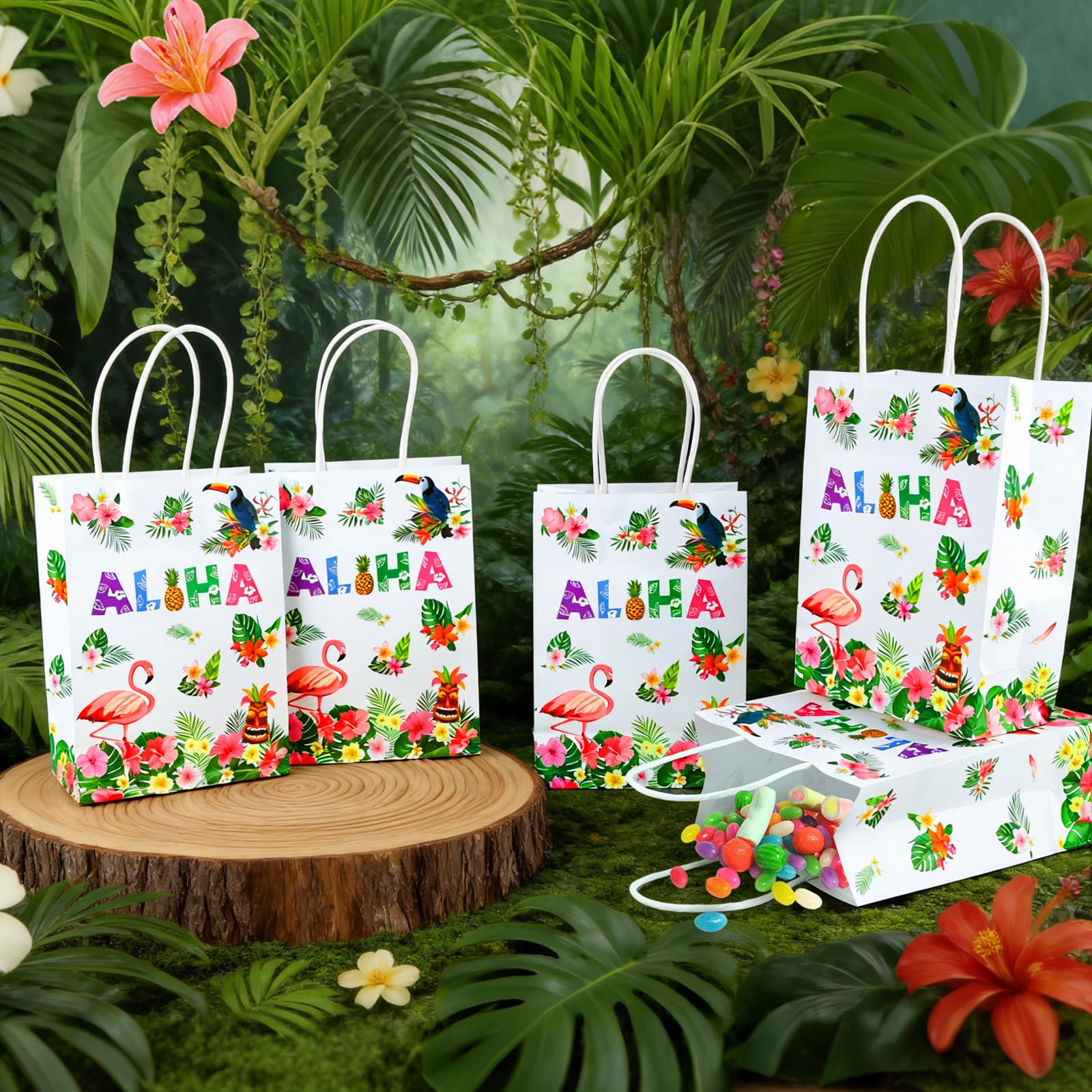 Hxezoc 12 Pieces Hawaiian Gift Bags with Handle, Paper Treat Luau Candy Bag Summer Tropical Palm Leaf Favor Bags for Hawaiian Theme Festival Luau Holiday Party Decoration Supplies