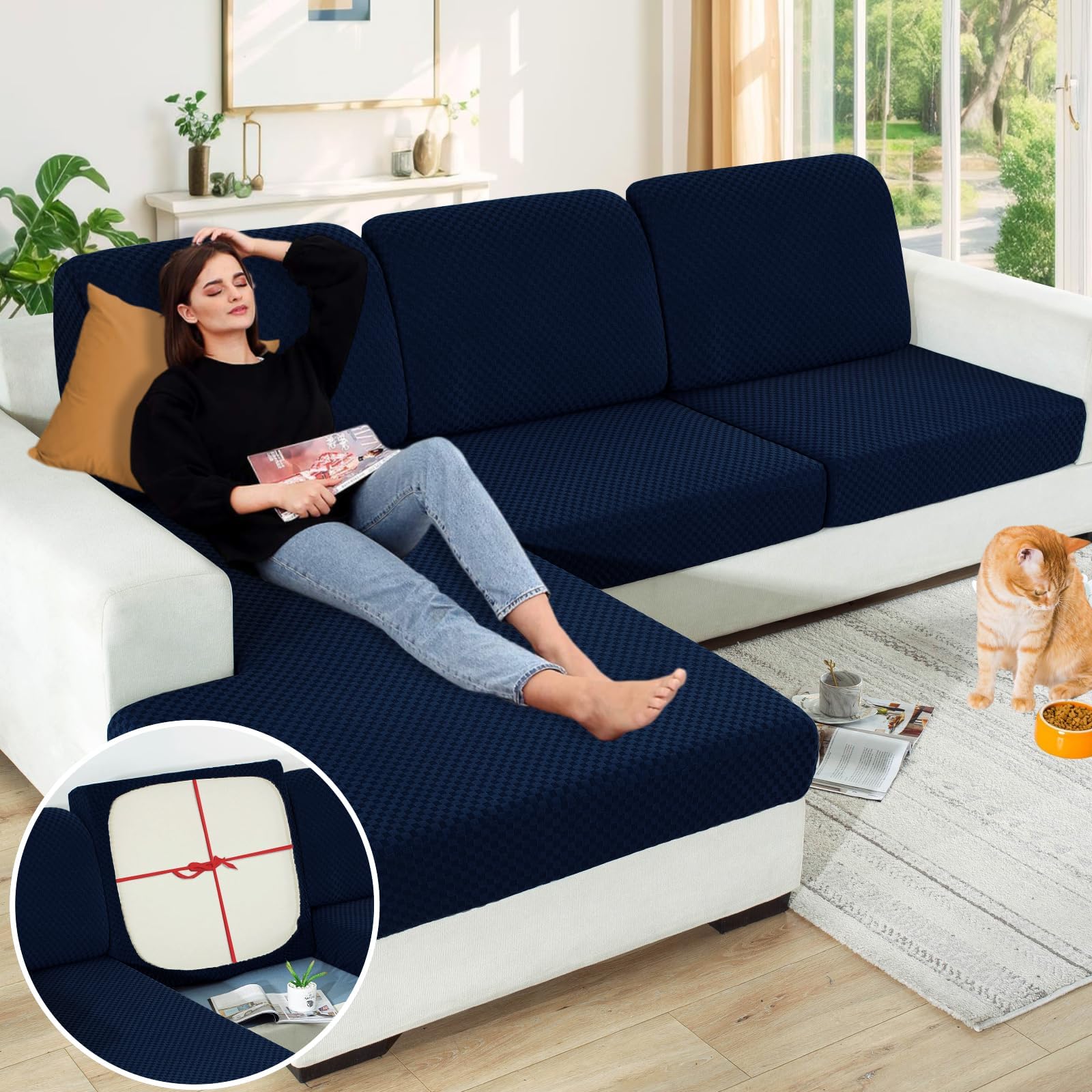 【Clearance】 Stretch Individual Cushion Covers Sofa Loveseat Seat Cushion Slipcovers Soft Couch Cover Replacement Large Checkered Furniture Protector with Elastic Bottom (2 Pc Cushion Cover, Navy)