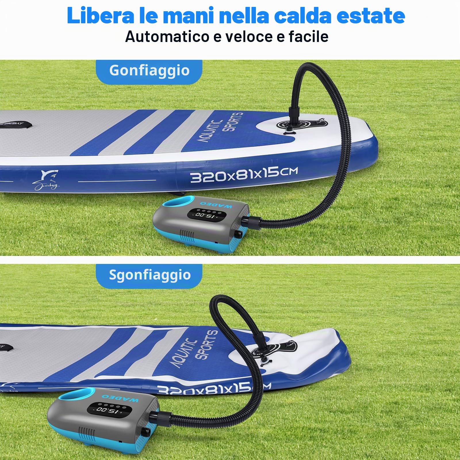 WADEO Pompa SUP Ricaricabile, [Auto-Off] [Carica Rapida] [Doppio Cilindro Gonfia/Sgonfia] 18000mAh Gonfiatore Elettrico 20PSI per Paddle, Kayak, Barca, Materasso