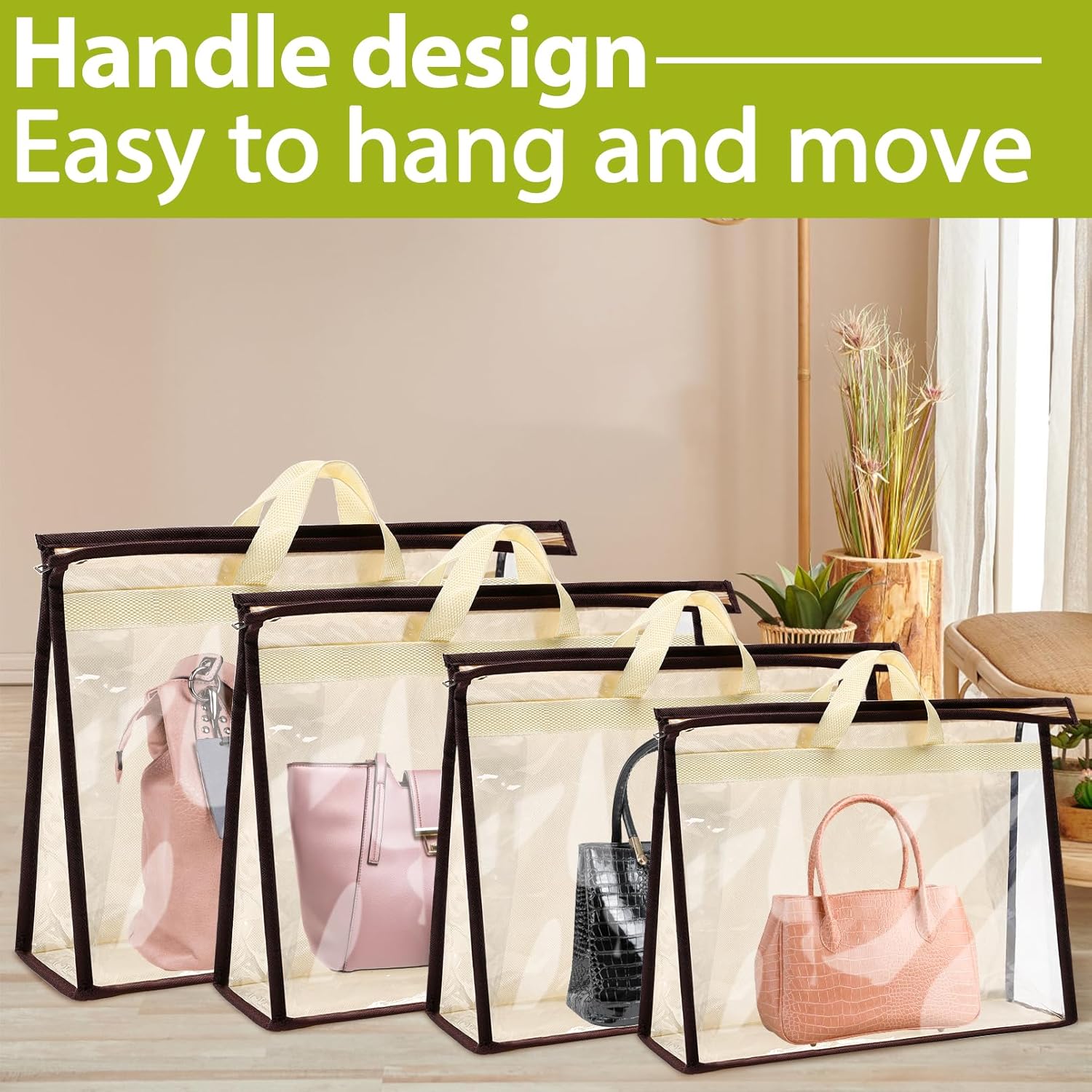8 Pack Clear Handbag Storage Bags, Hanging Closet Organizer with Zipper, Handles & Hooks, Dustproof Purse Storage, 4 Assorted Sizes