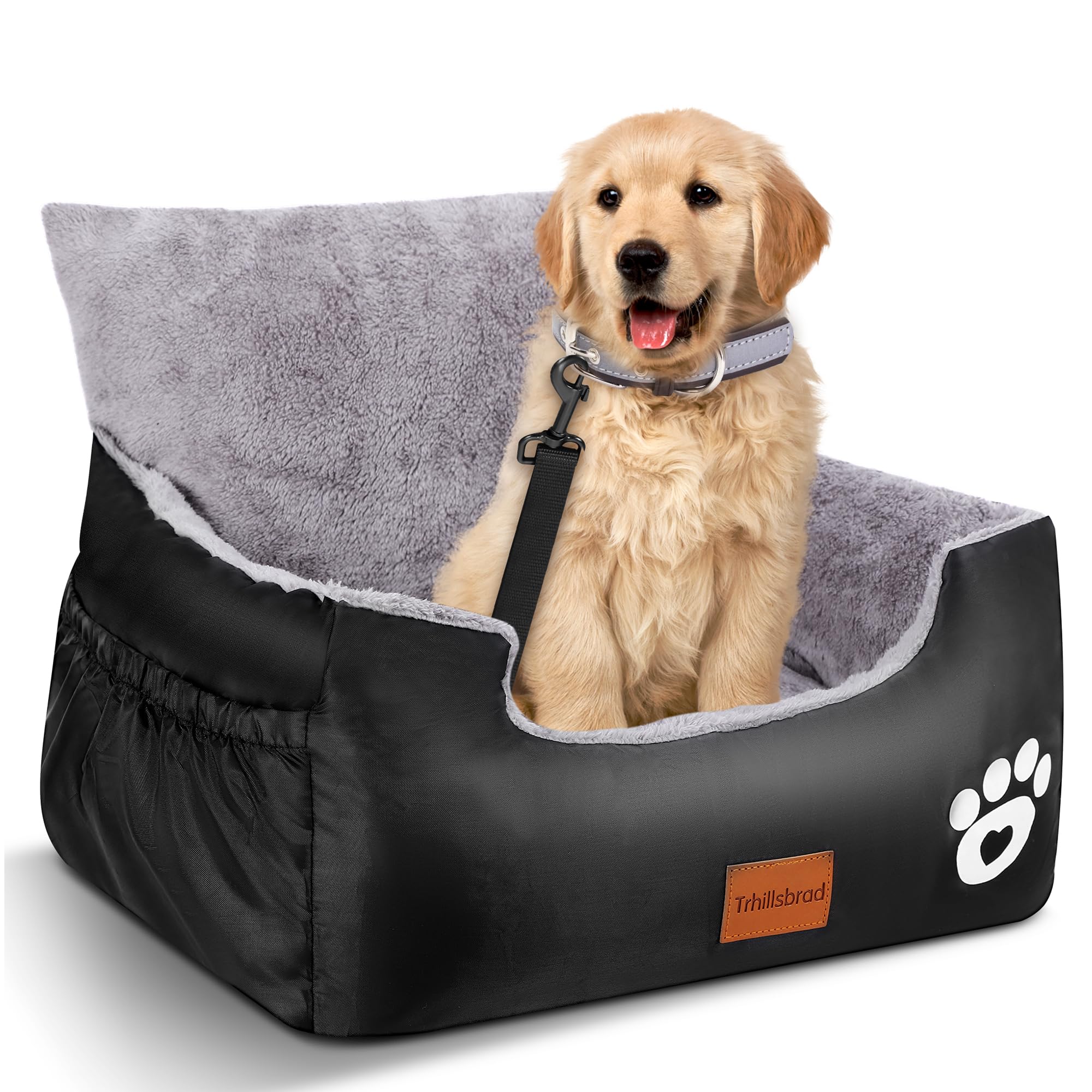 Trhillsbrad Dog Car Seat, 55 x 30 x 30 cm, 1 Adjustable Safety Leads, Dog Bed for Small Dogs, Fully Removable and Washable Pet Car Seat with 2 Storage Compartments