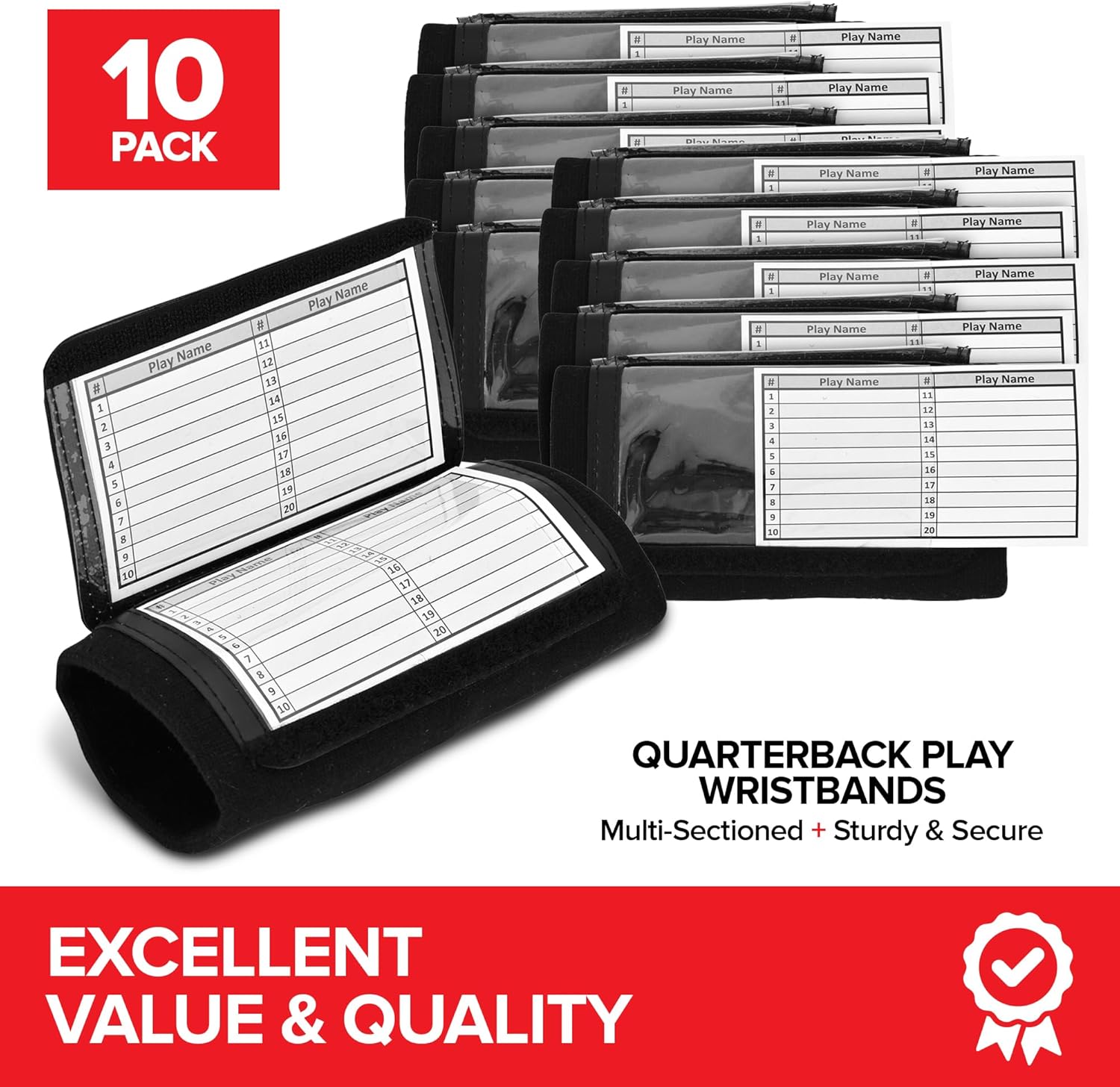 クォーターバックフットボールプレイリストバンド - (ブラック) プロフットボール&amp;ソフトボールアームバンド、(QB) リス