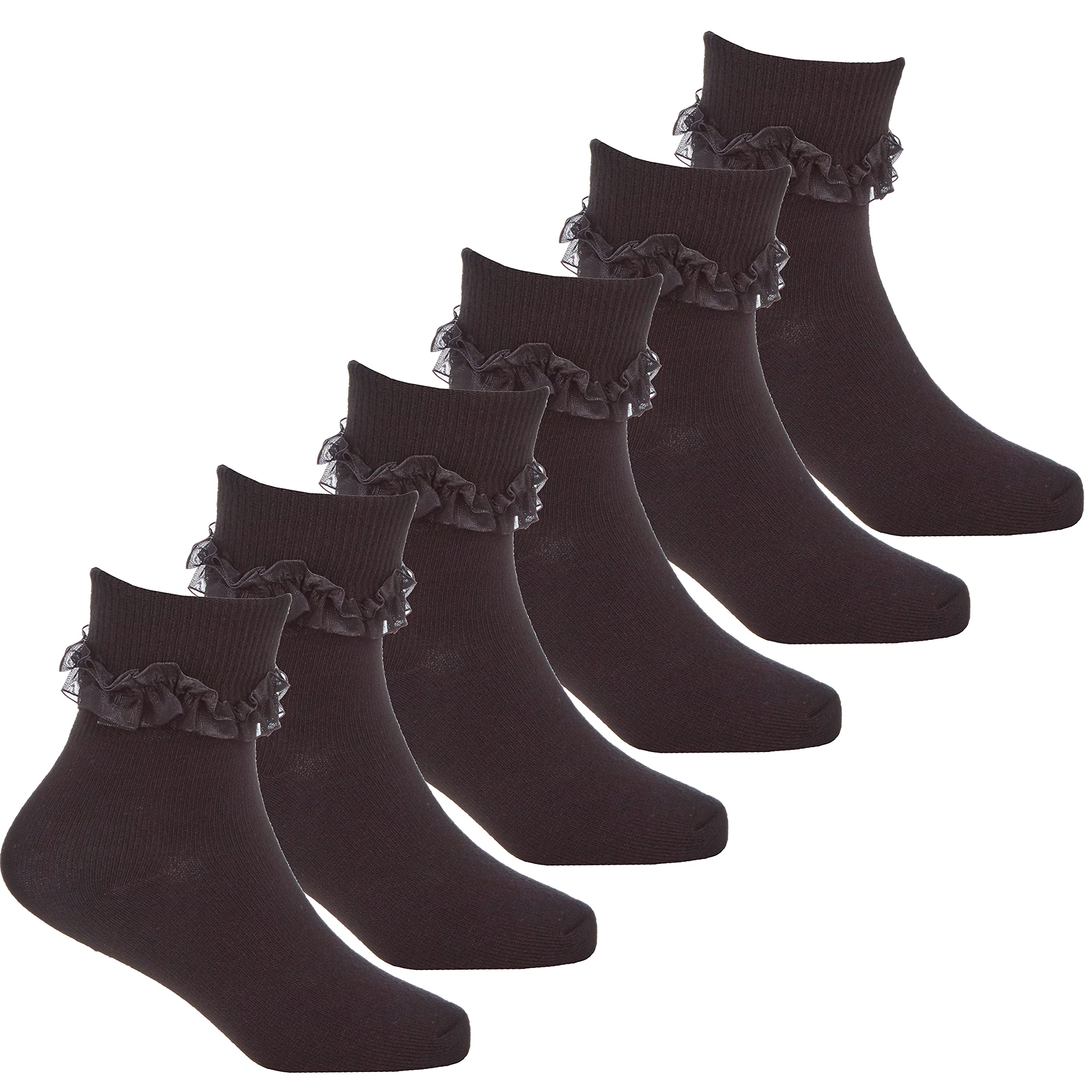 Metzuyan Girls 3-Pack Frilly Socks Organza Lace Frill Back to School Black 12.5-3.5