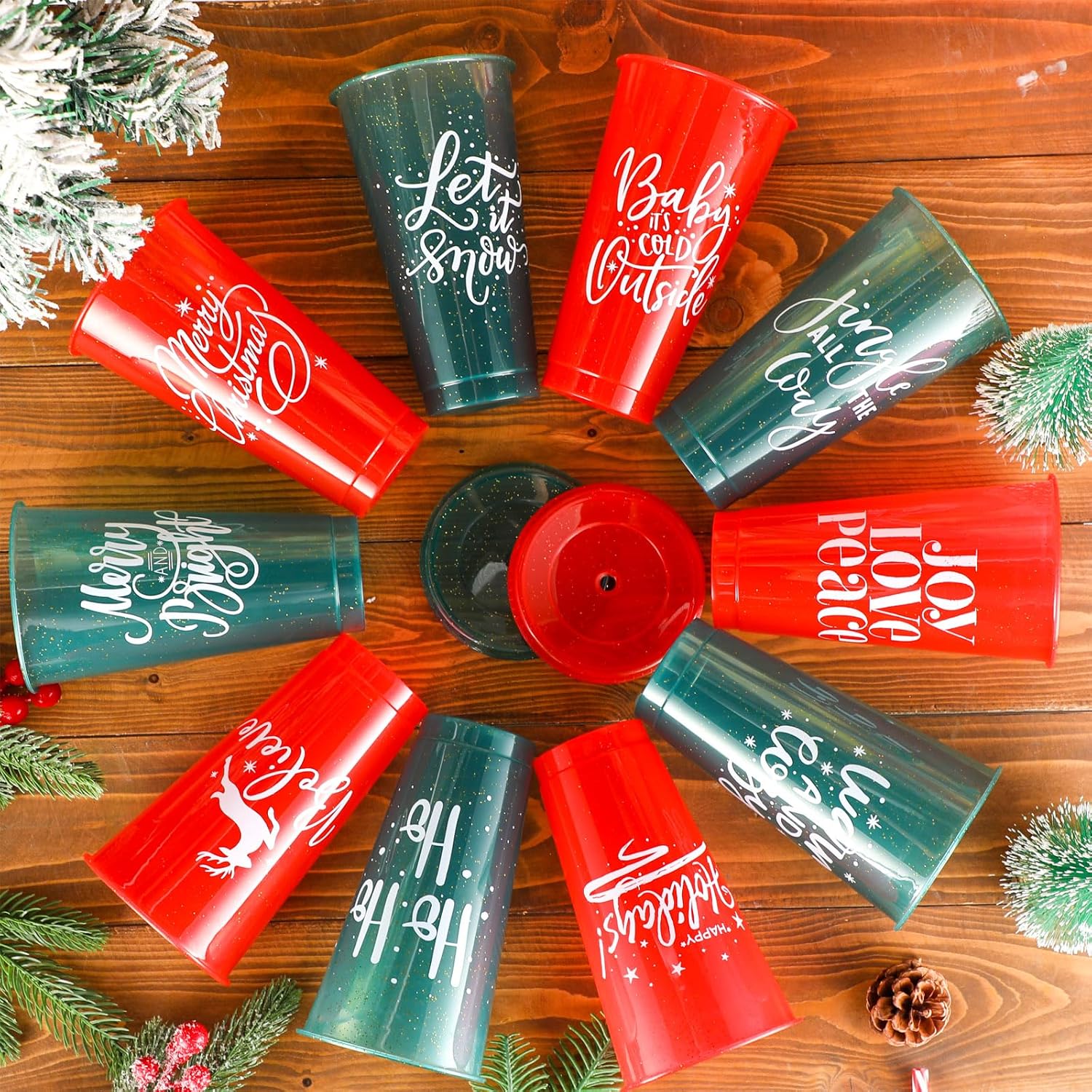 Tioncy 20 Pcs Christmas Plastic Cups with Lids and Straw Bulk, Reusable Christmas Plastic Cups 25 Oz, Christmas Drinking Cups for Juice Coffee Cold Drinks Christmas Party Supplies, 10 Styles - Image 4