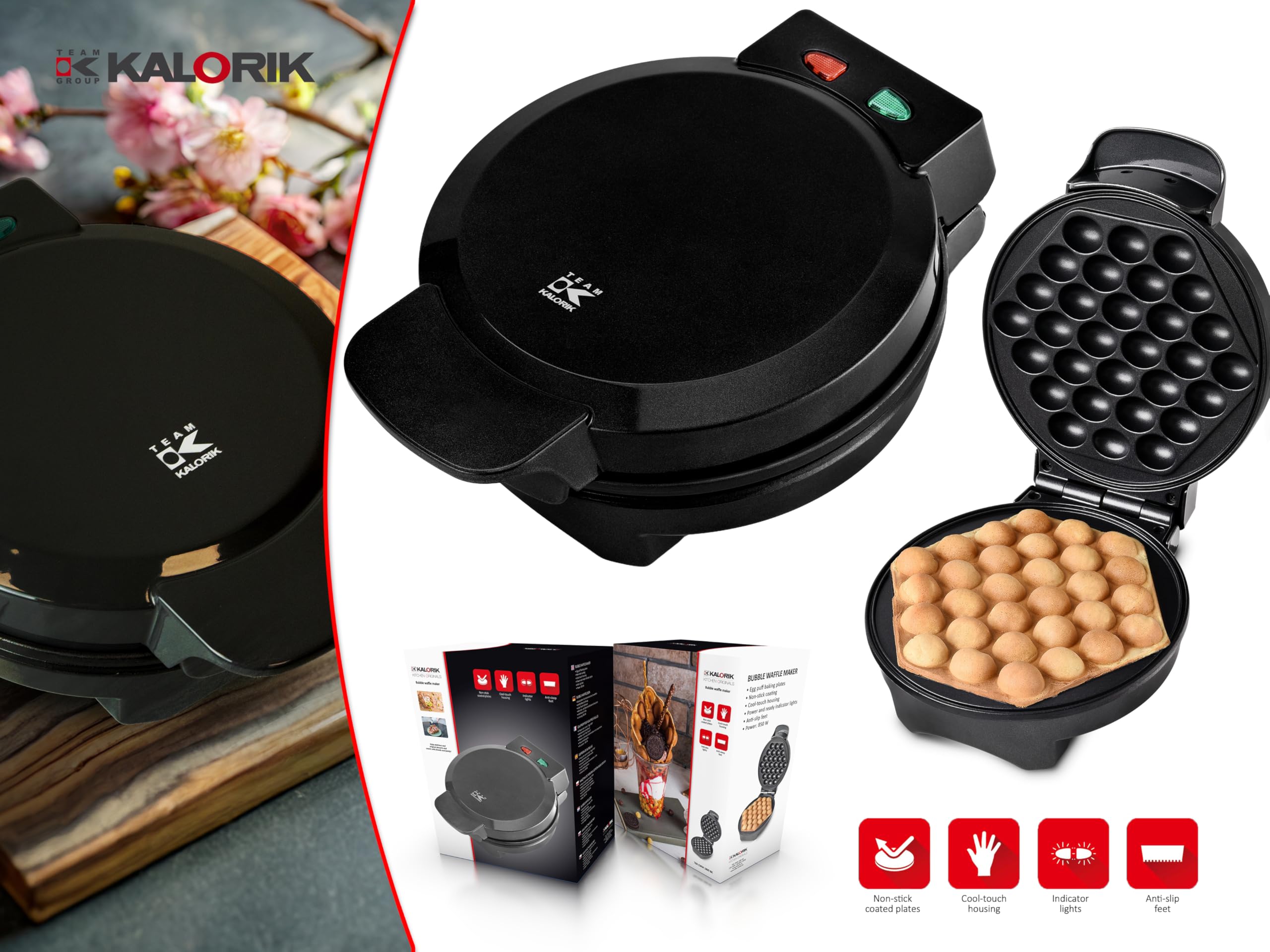 Kalorik Bubble Waffel Maker, elektryczna gofrownica, 850 W, czarna, powłoka nieprzywierająca, 20 x 25 x 9,5 cm, z lampkami kontrolnymi do wafli bąbelkowych EWM 1800 BK