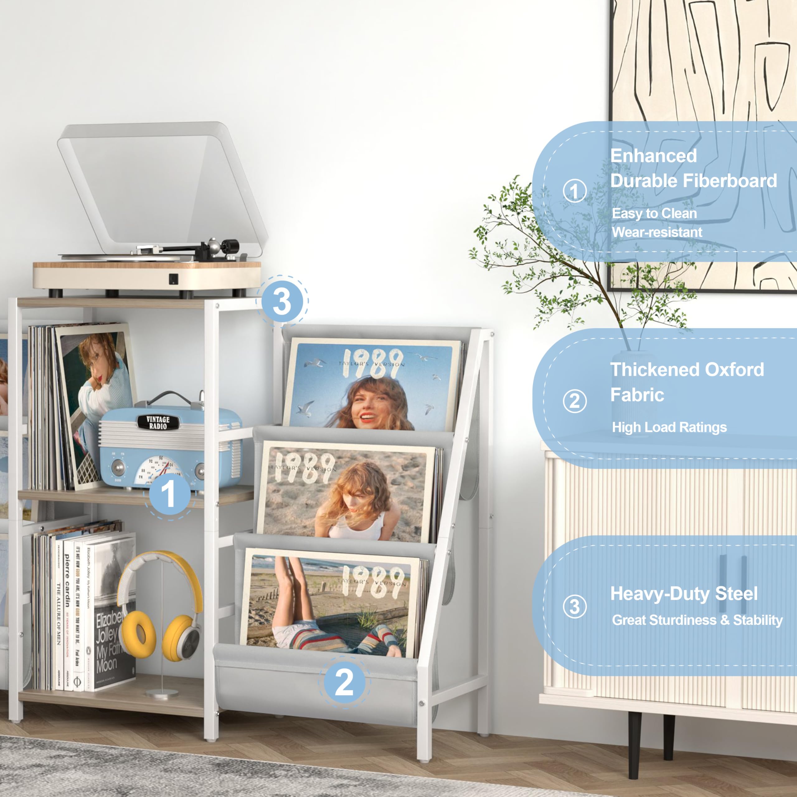 Bikoney Plattenspieler Ständer Mit Schallplatten Aufbewahrung - 180cm Hoch Bis 200 LPs