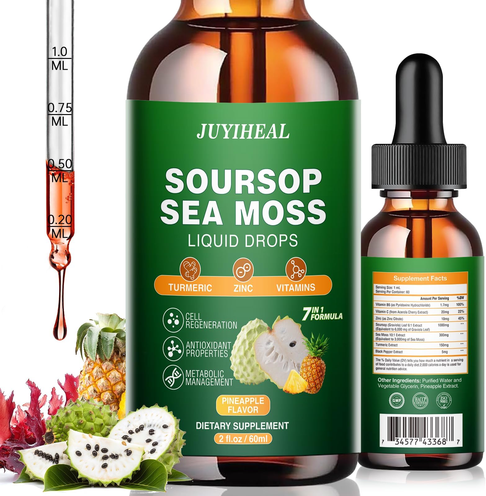 7-in-1 Soursop Graviola with Sea Moss Liquid Drops, Soursop Bitters Liquid Rich in Multivitamin for Digestive Antioxidant, Immune Boost, Cell Support & Regeneration, 2 Fl Oz Pineapple Flavor