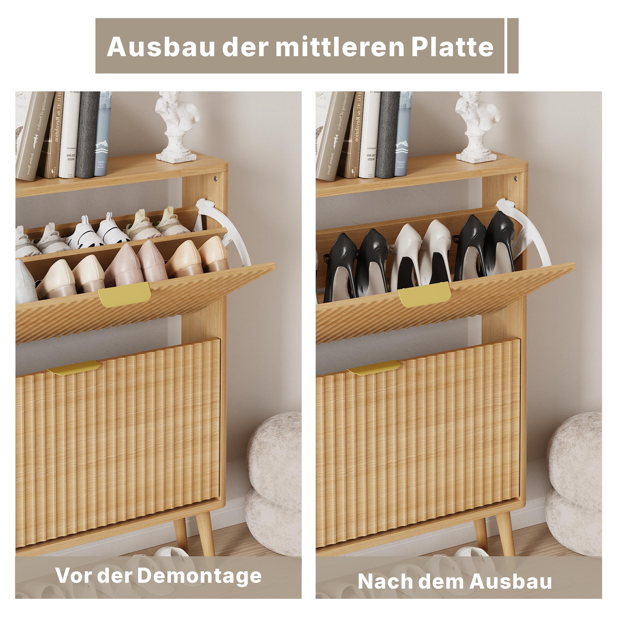 Schuhschrank, Schuhkipper mit 2 Klappen, Schuhregal Schmal, versteckte Schuhaufbewahrung, Schuhschrank Holz für Eingangsbereich, Flur (Natürliche Farbe)