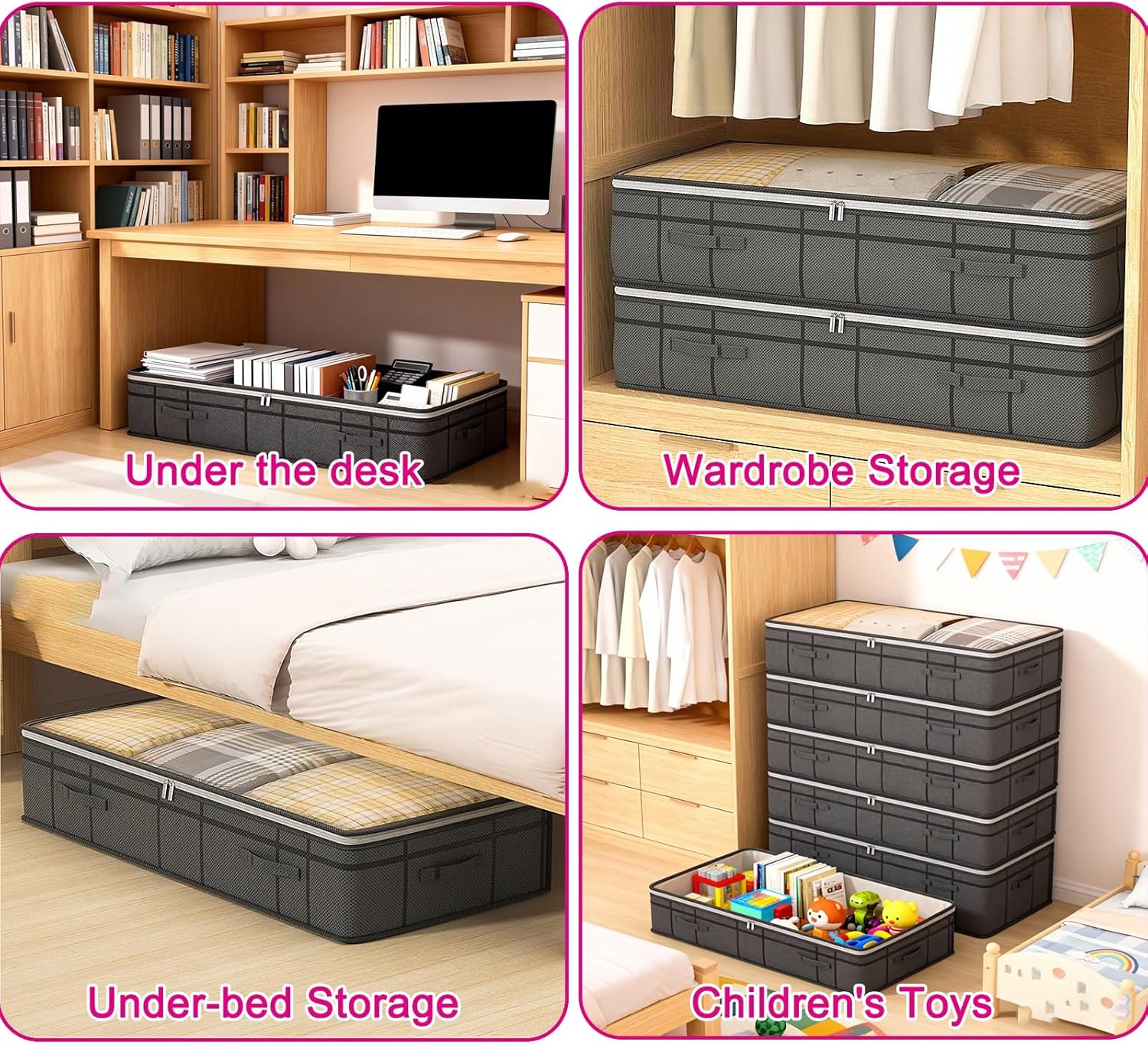 2 Pack Under Bed Storage, Foldable Under the Bed Storage Containers, Transparent Window, Double Zippers, Ideal for Seasonal Clothes, Blankets, Toys(Black,50x40x15cm/20x16x6in)