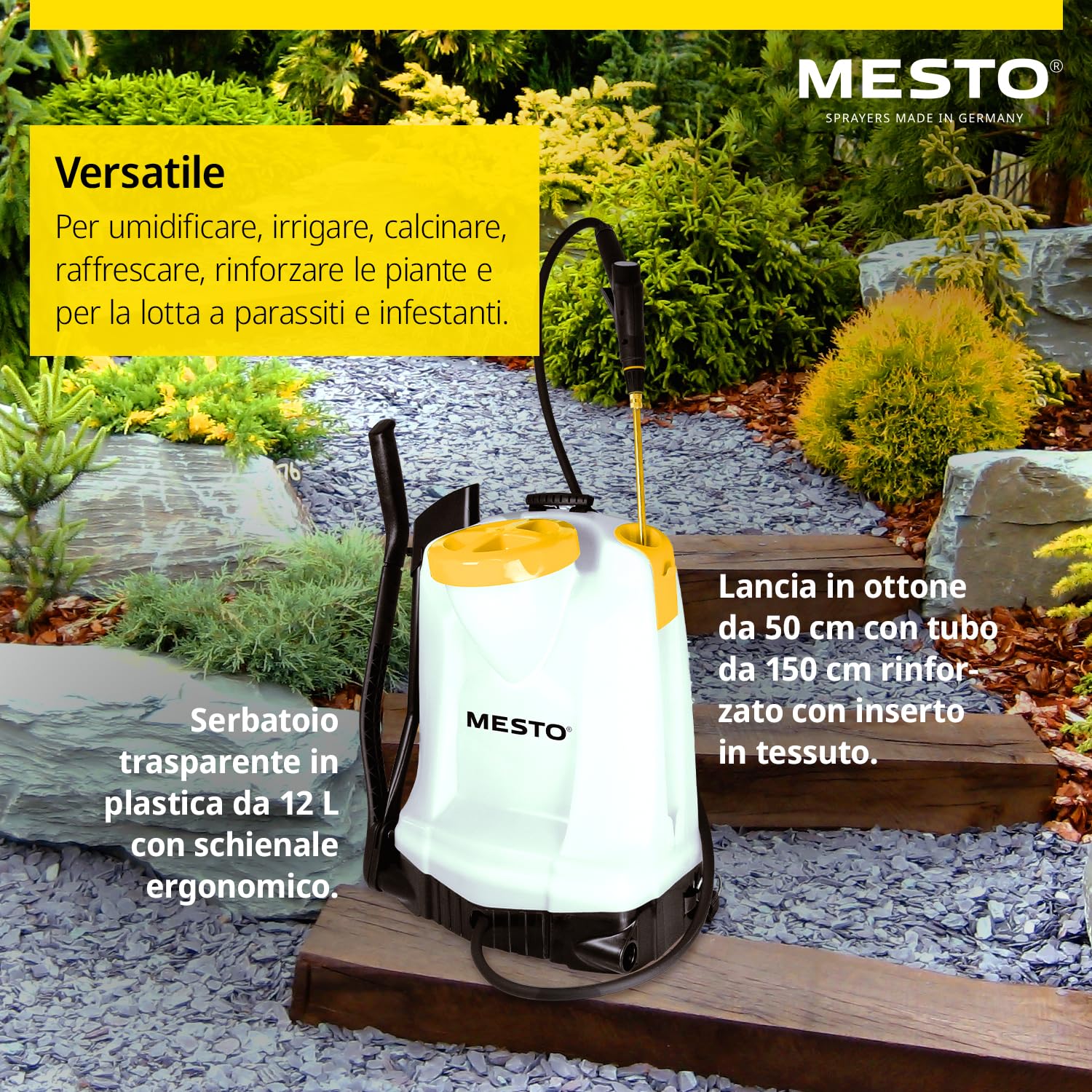 MESTO RS125 Pompa irroratrice a spalla 12 L con schermo di spruzzo rotondo | Spruzzatore a pressione 6 bar | Nebulizzatore piante per giardino e diserbo | Attrezzature da giardinaggio