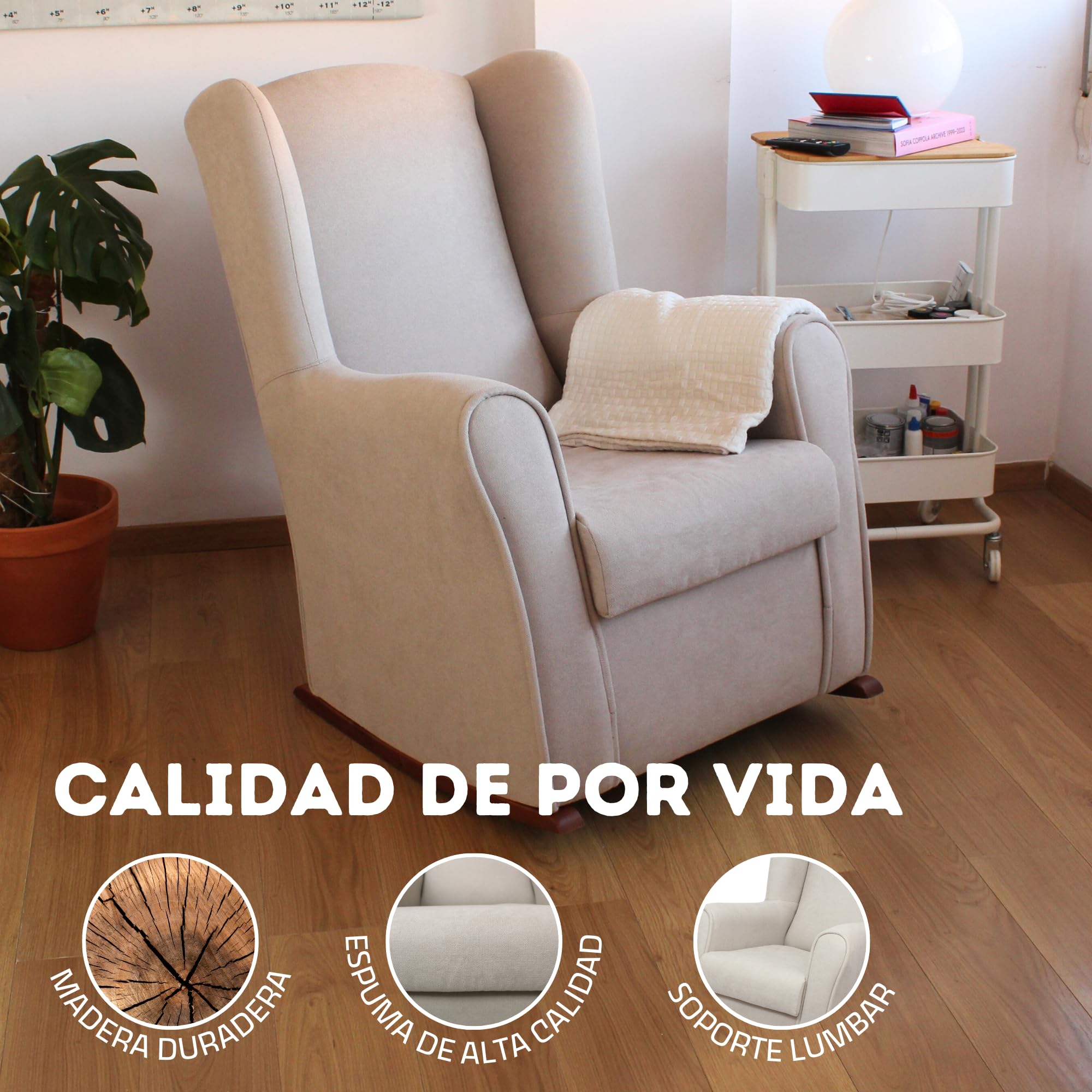 HOME DESIGN & CONFORT® Sillón Orejero Balancín Viena con Tela Antimanchas para Dormitorio, Salón, etc | Mecedora Orejera Fabricado en España (Beige)