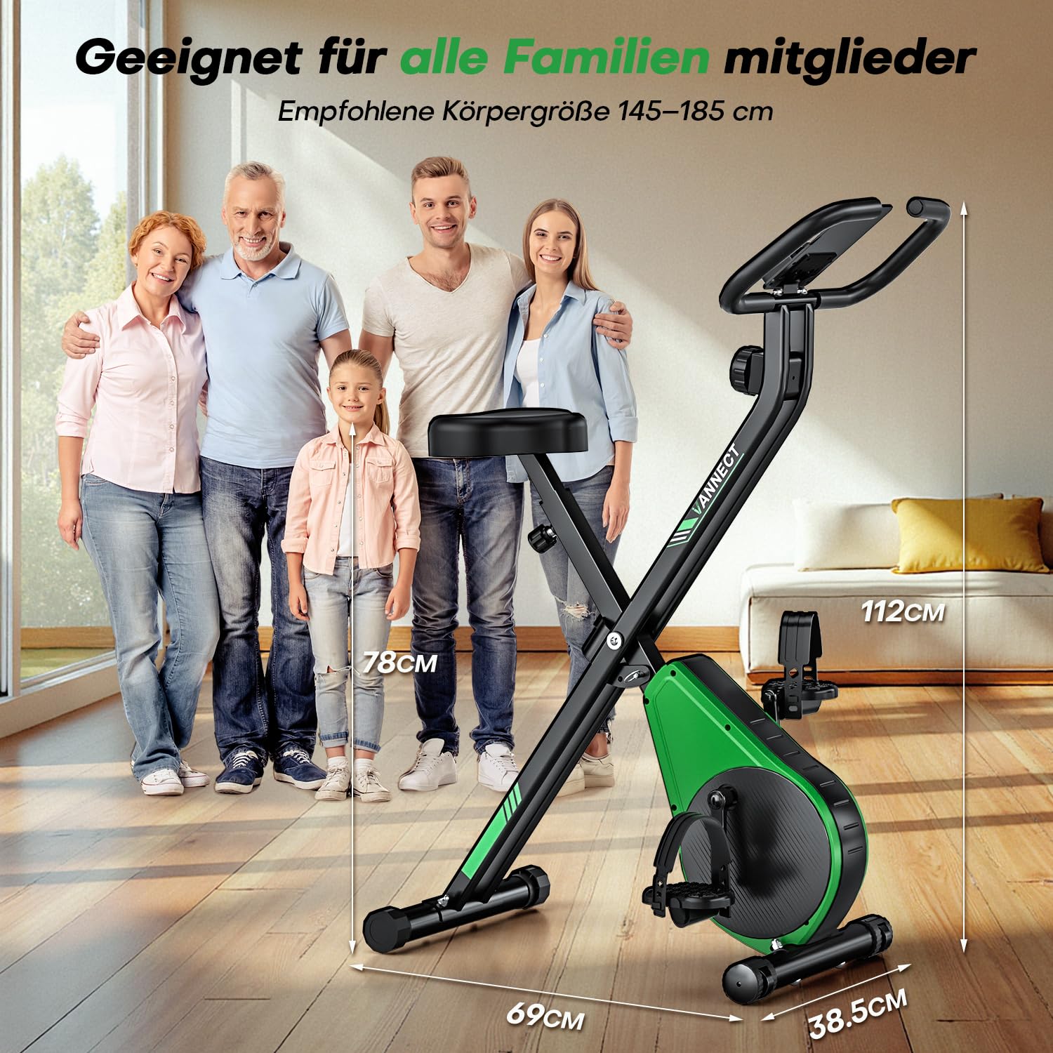 Heimtrainer Fahrrad Klappbar,VANNECT Hometrainer Fahrrad Klappbar,Ergometer Heimtrainer mit 16 Stufen Magnetwiderstand,Herzfrequenzsensor,LCD-Monitor & Komfort-Sitz für Zuhause & Büro,bis 150kg