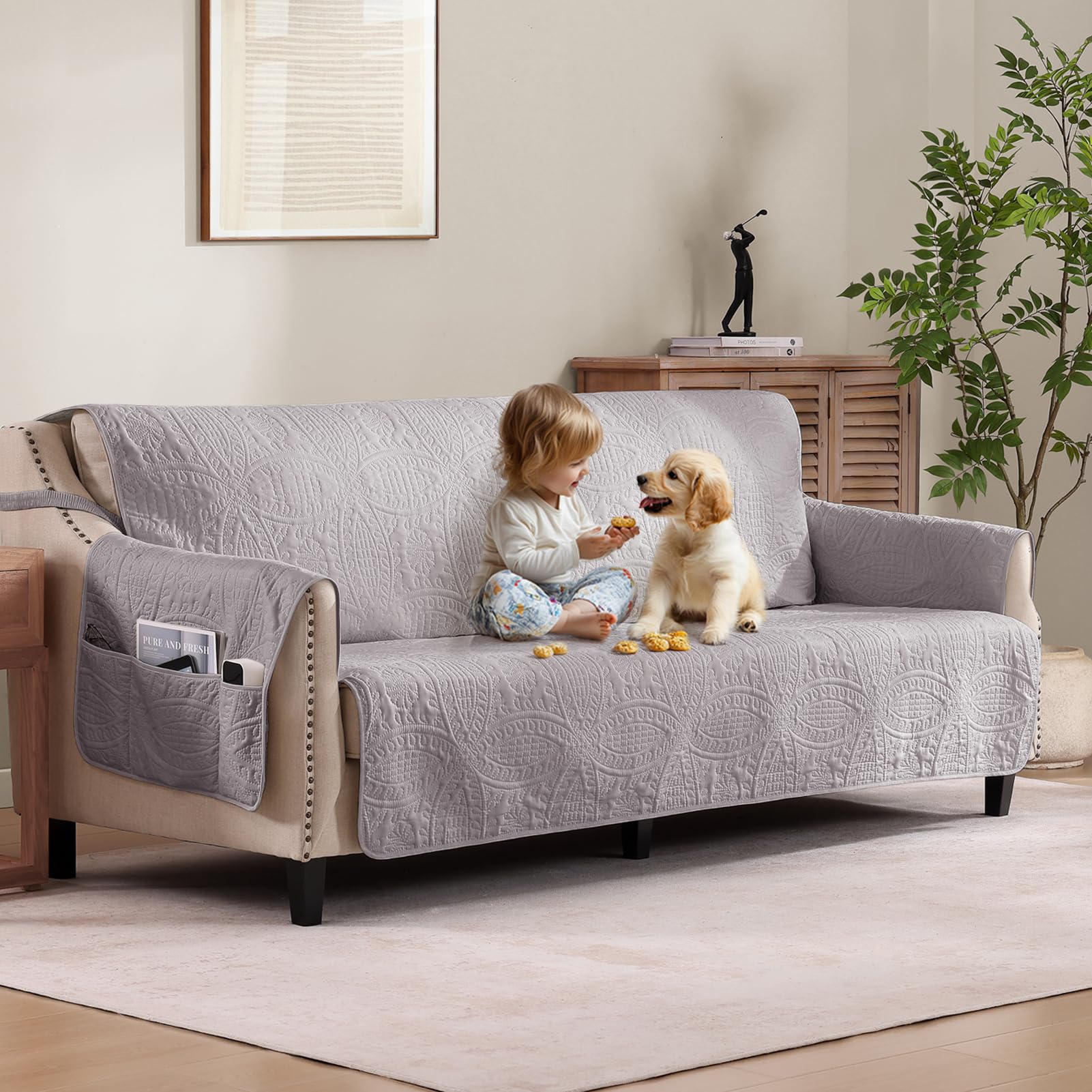 Soft Quilted Couch Cover with Pockets for Extra-Large Sofa, Anti-Slip Sofa Covers Washable for 3 Cushion Pet Friendly, Oversized Sofa Cover Water-Repellent (X-Large Sofa 78", Cloud Purple)