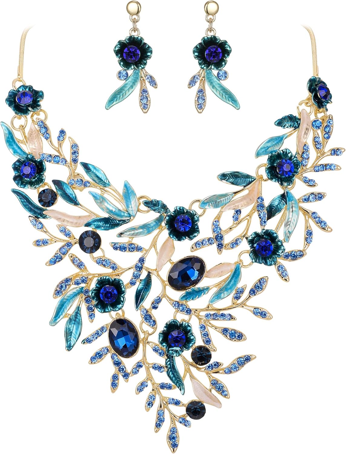 BriLove Wedding Bridal Leaf Cluster Jewelry Set for Women Crystal Flower Enamel Statement Necklace Dangle Earrings