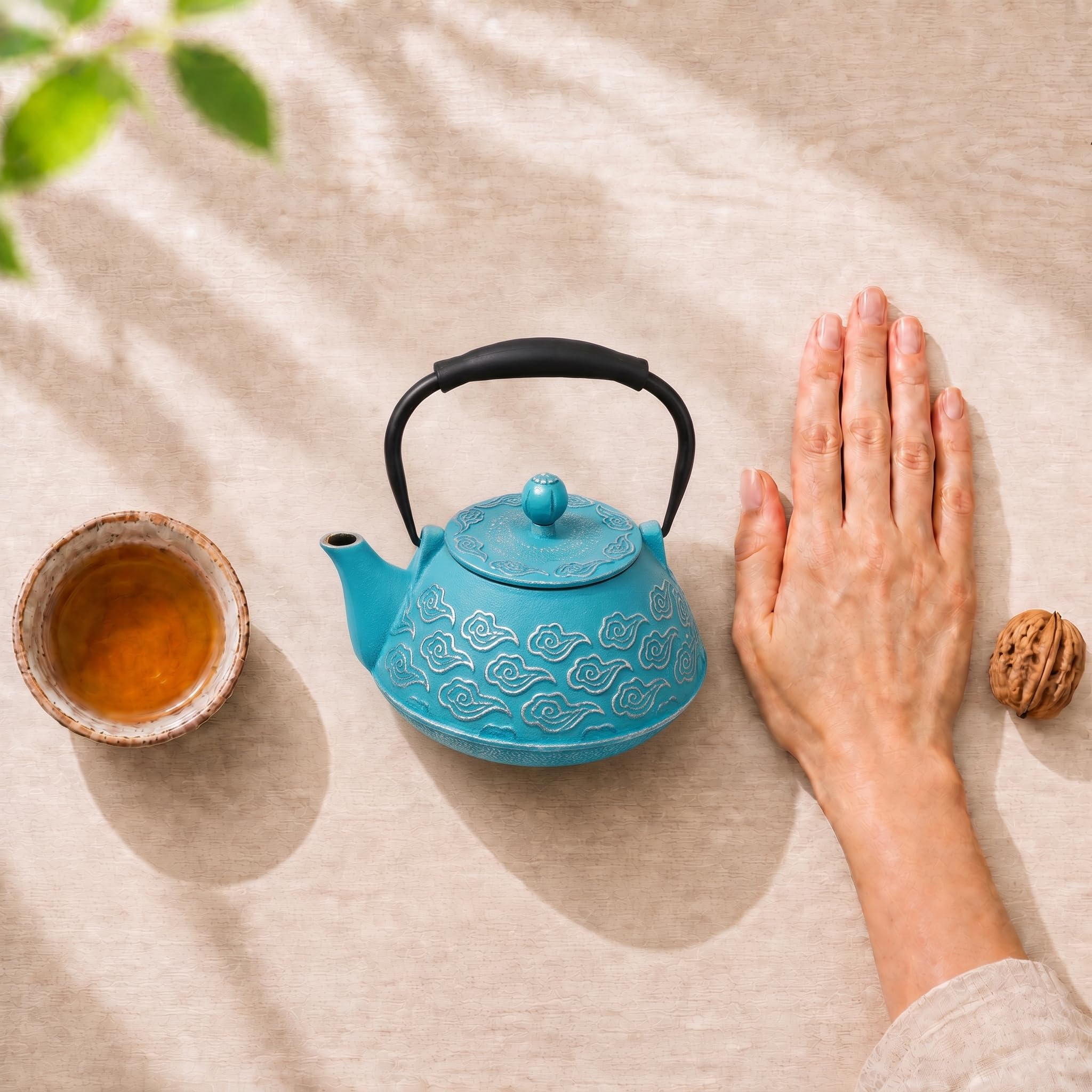 Théière japonaise en fonte avec infuseur pour feuilles mobiles, lavable sur la cuisinière, avec intérieur émaillé, motif nuages, 800 ml, bleu ciel