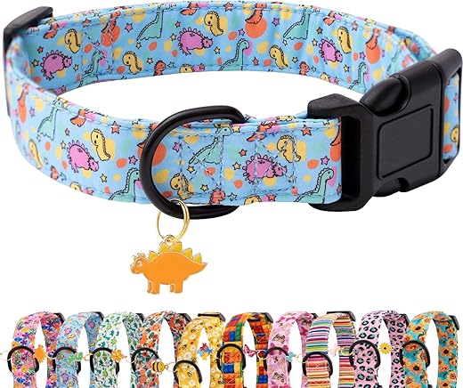 Faygarsle Dog Collar for Small Medium Large Dogs Cute Blue Puppy Collars for Male Dogs Dinosaur Patterned Pet Collars for Summer Spring Wedding Puppy Necklace Boy Dog Collar S