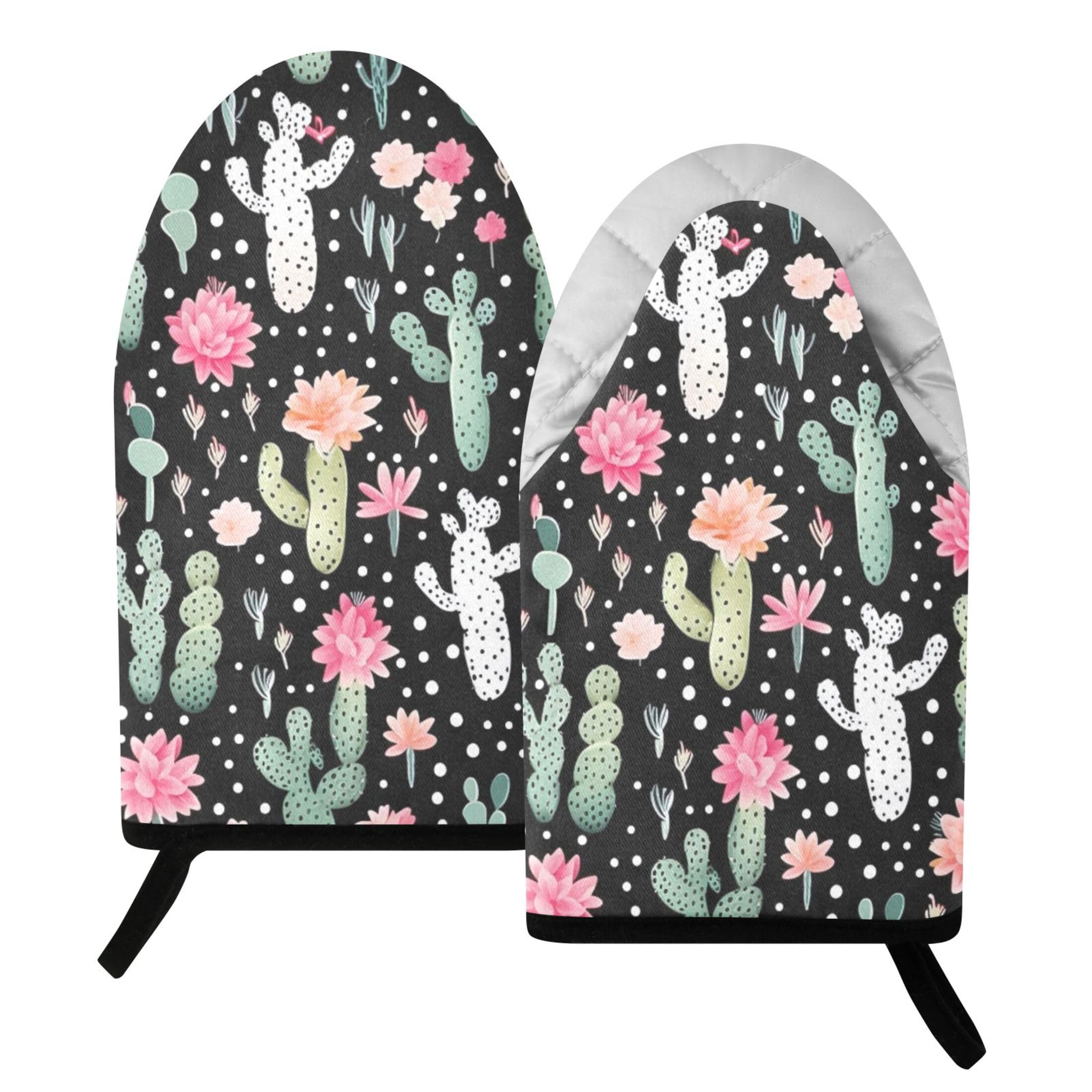 Fuauuyl Oven Mitts Heat Resistant Kitchen Gloves, Floral Cactus Print Classic Oven Gloves with Hanging Loop for Baking BBQ Cooking Grilling, 1 Pair, 9.5 in