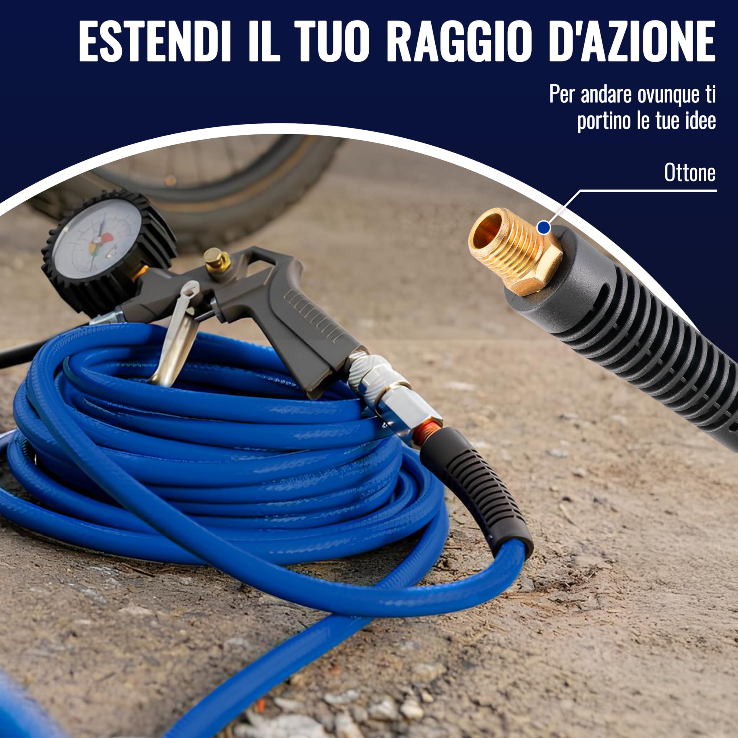 Poppstar Tubo per aria compressa in PVC ibrido 50 m, diametro interno 6 mm, beccuccio in ottone 1/4", 20 bar, blu