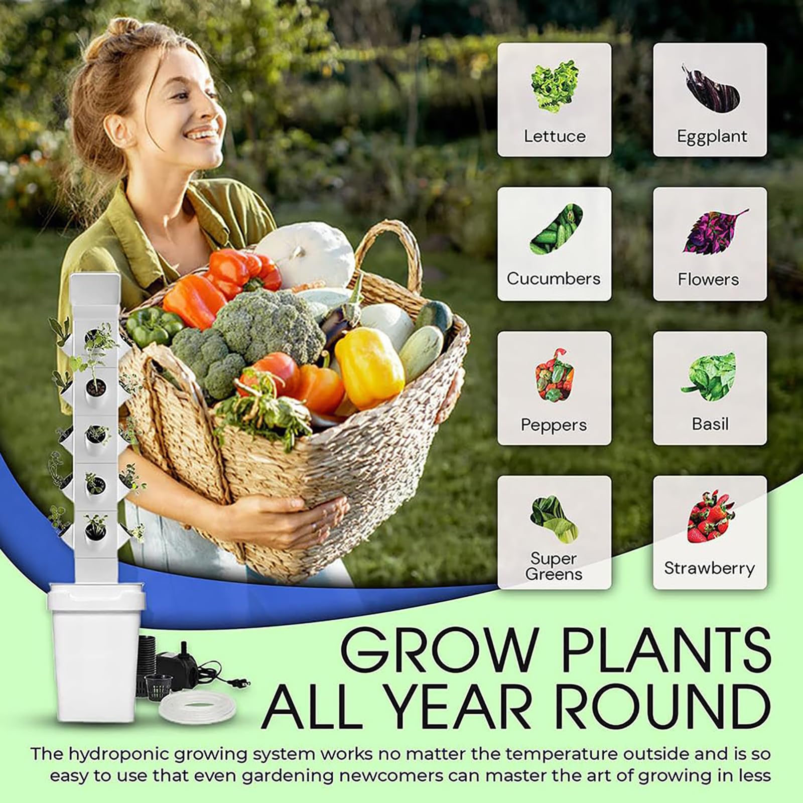 Sistema de Cultivo hidropónico de 24 cápsulas, Torre hidropónica Vertical, Jardinera Inteligente, Kit de germinación, Kit de Cultivo aeropónico con Bomba hidratante, Adaptador, macetas de re