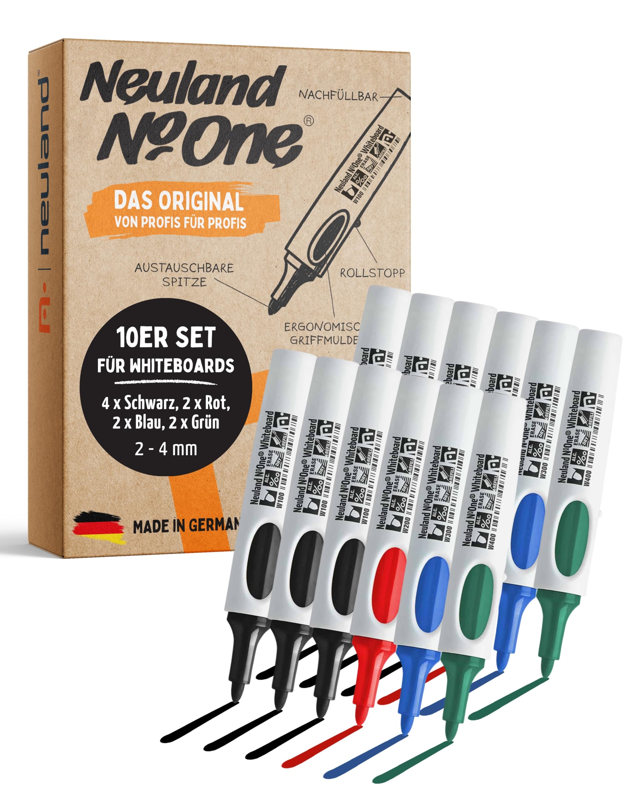 Neuland No.One® R Whiteboard 10er-Set Basic Tones 9W I Marker mit Rundspitze 2-4 mm I Farbset mit 4x Schwarz 2x Rot 2x Blau 2x Grün I Wiederbefüllbare Boardmarker für Whiteboards I trocken abwischbar