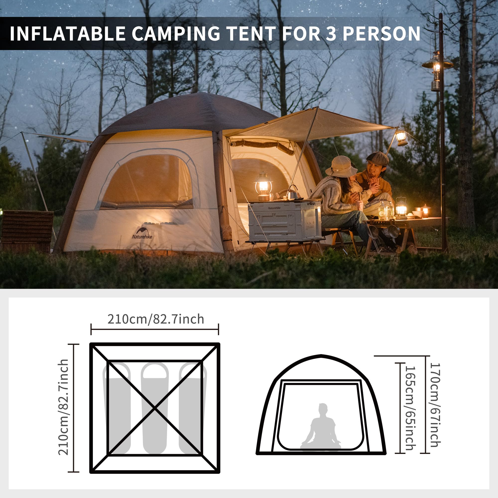 Naturehike Ango Air aufblasbares Zelt 3 Personen Campingzelt Wasserdicht Zelt Schnelles Aufstellen Familienzelt für Camping, Autofahrten und Outdoor