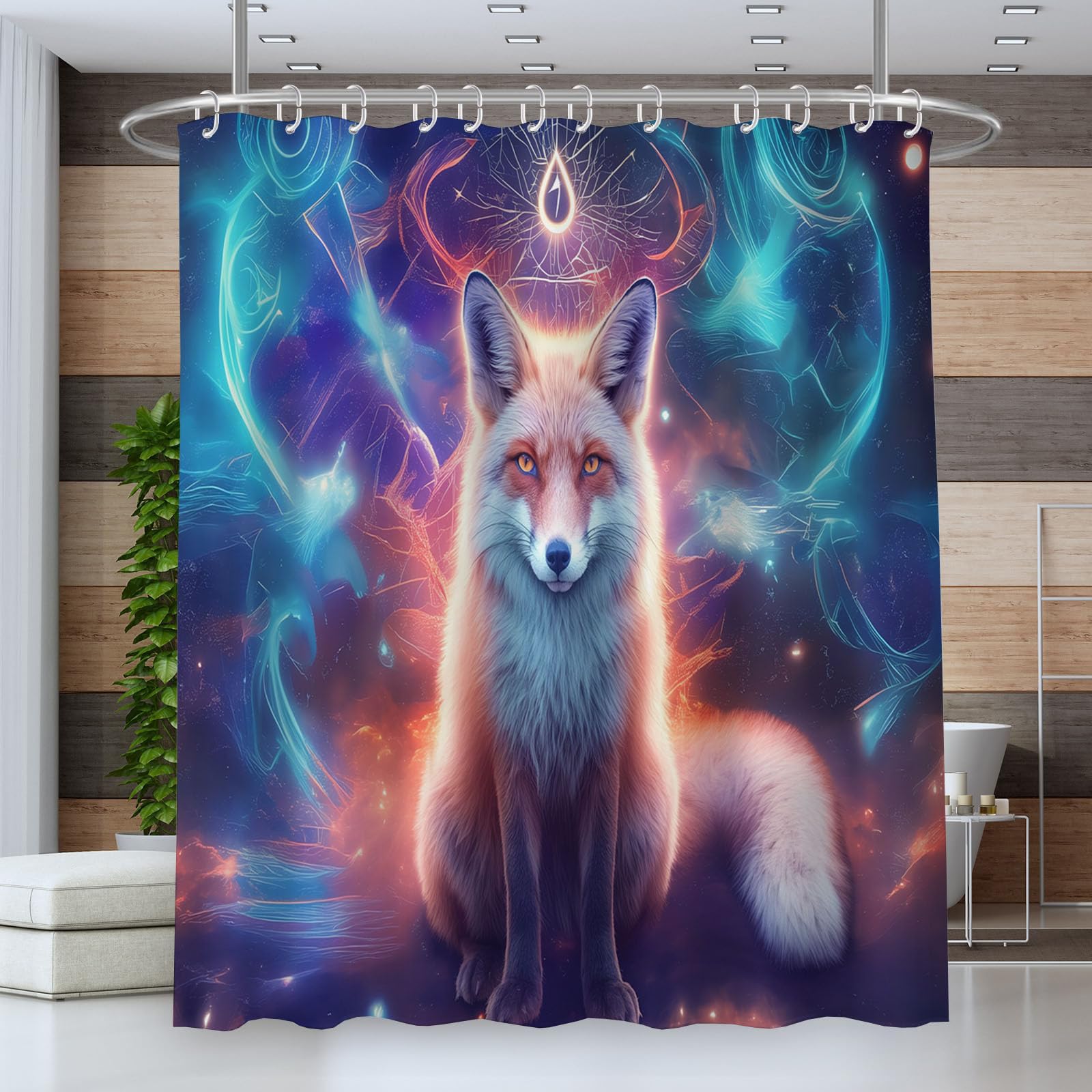Cortina de Ducha con impresión Digital de Fantasía Animales Cortina de Baño con Cielo Estrellado Zorro,240x200cm Impermeable Cortinas de Ducha con 12 Ganchos Tela de poliéster para baño