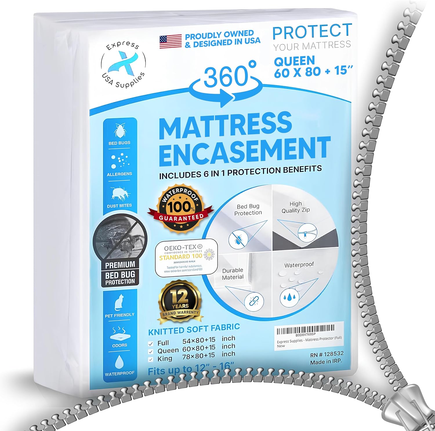 Mattress Encasement Queen (12-16) Inches Deep | Heavy Duty Hotel Grade 100% Waterproof, Breathable, Noiseless, Hypoallergenic 6-Sided 360° Premium Zippered Six-Sided Cover (Machine Washable)