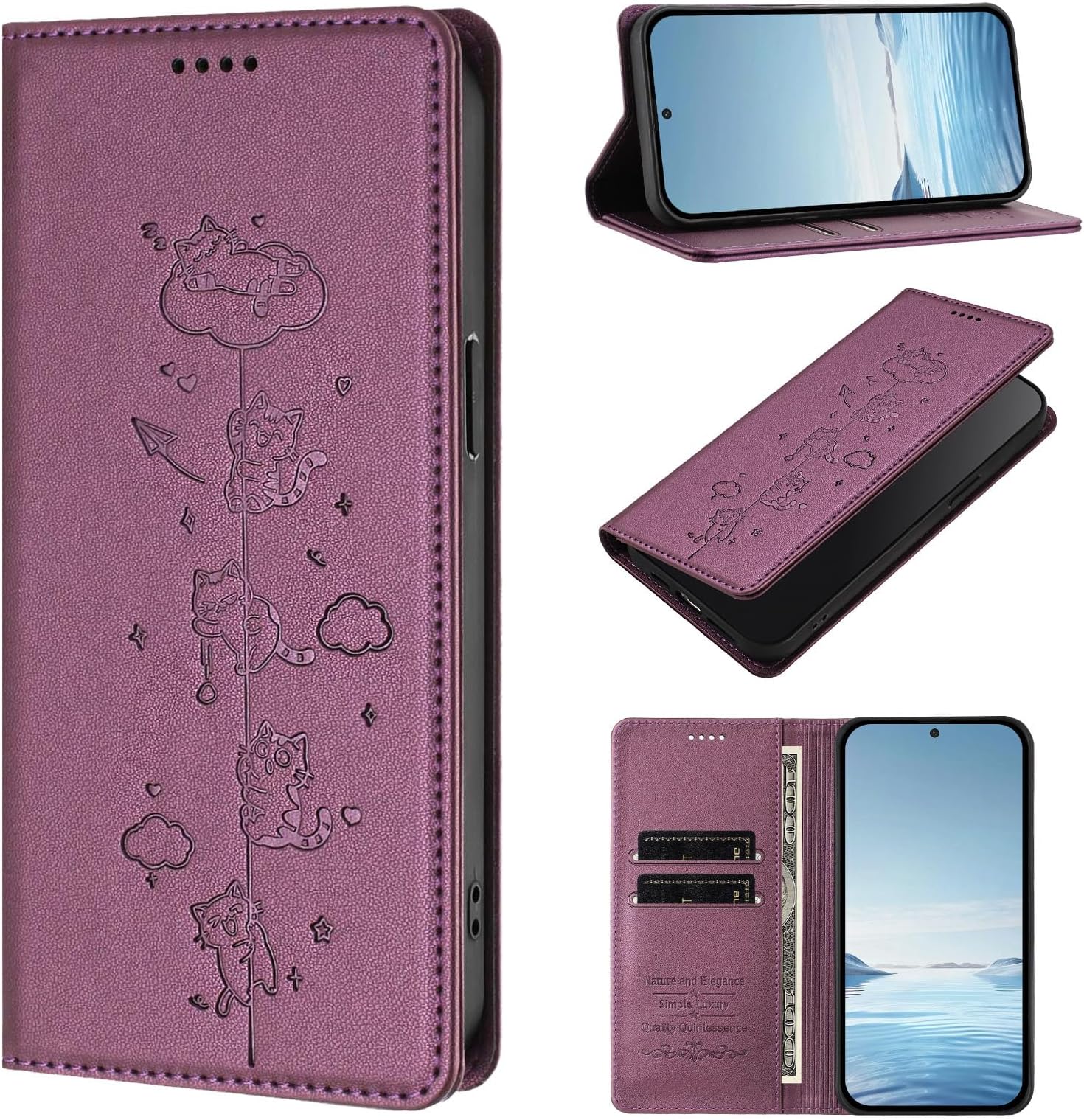 Flip Leather Case for VIVO V60 5G / V60E 5G Cover,Cute Cat Pattern PU Wallet Card Slots Holder RFID Blocking Kickstand Magnetic Shockproof Protective Phone Case-Darkpurple