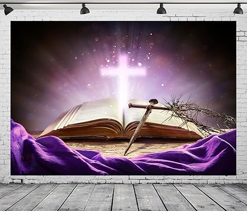 Miniatura 3 de BELECO Telón de fondo de tela de 10 x 6.5 pies con cruz de la Biblia sagrada, luz sagrada, crucifijo brillante, espinas, creencia de Dios,