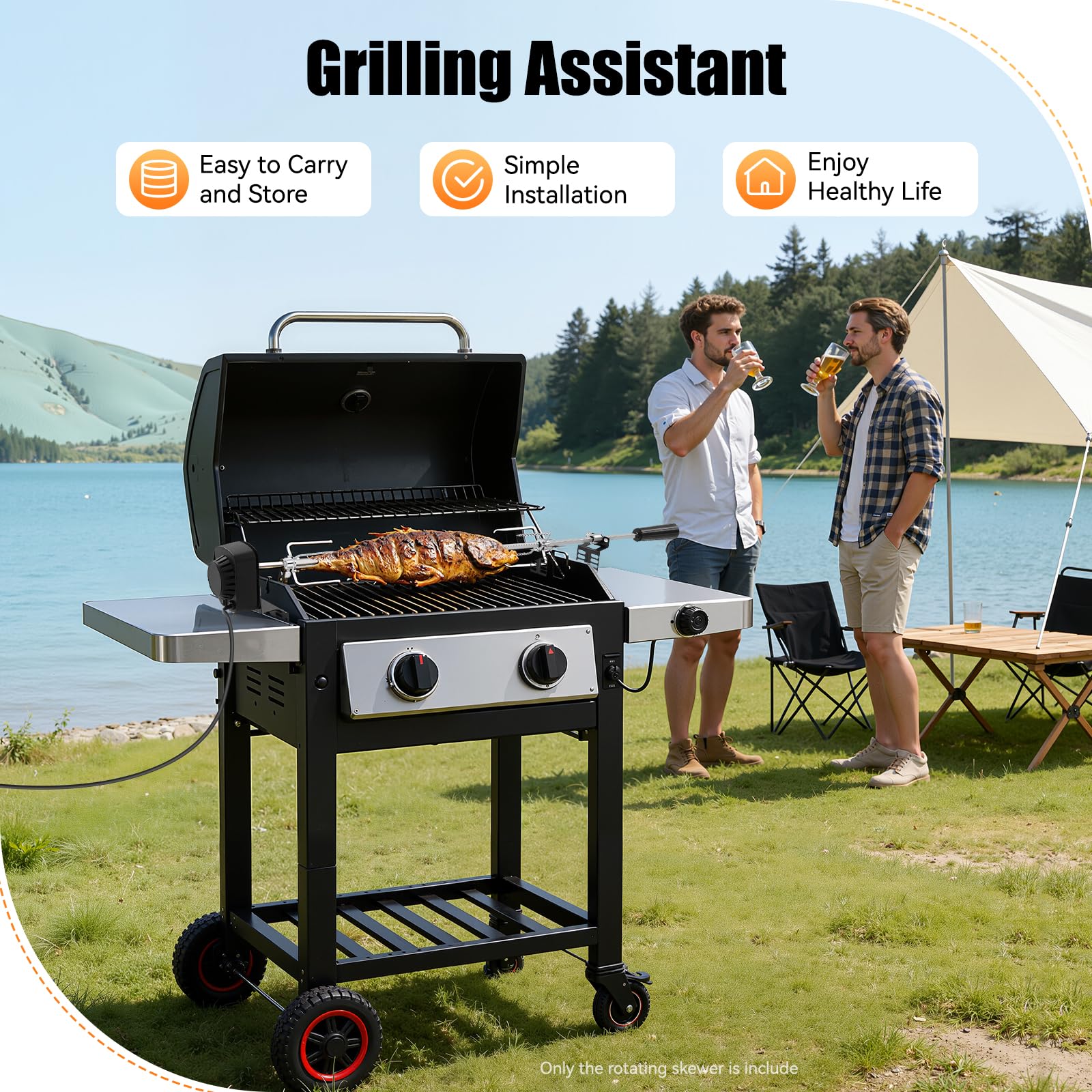 Juego de pinchos giratorios eléctricos, juego de brochetas de acero inoxidable, 220-240 V, pincho giratorio para barbacoa esférica, parrilla de carbón vegetal, barbacoas de gas y asador