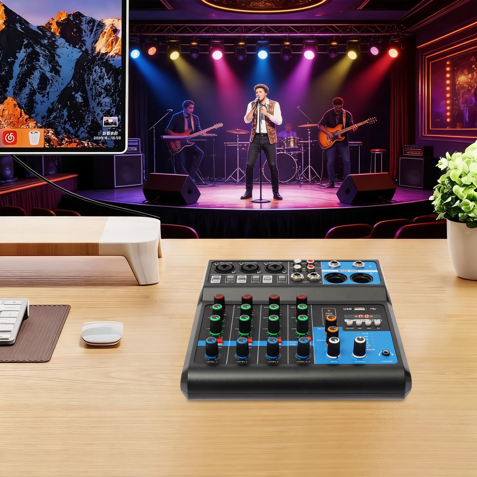 Mezclador Audio,Consola de mezcla de 5 canales,Mezclador bluetooth,Ranura USB,48V Phantom Power Control de sonido Multi Entradas,Para Podcasting,Live Performance Recording,DJ
