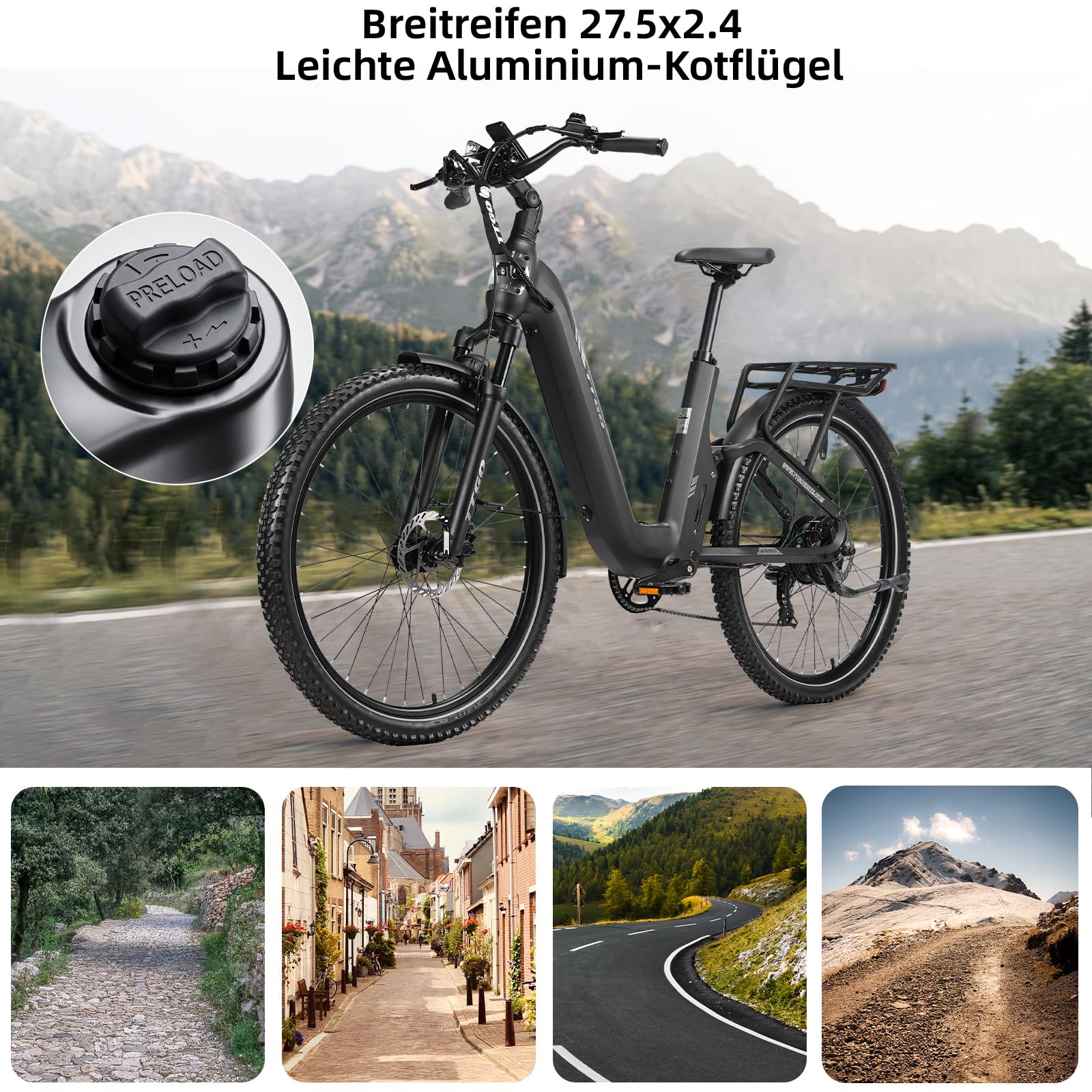 ttgo Vélo électrique 27,5" pour homme et femme avec moteur 250 W 70 NM, batterie 48 V 15 Ah, portée jusqu'à 100 à 120 km, 7 vitesses, 25 km/h, capteur de couple, freins à disque hydrauliques, E-SUVO