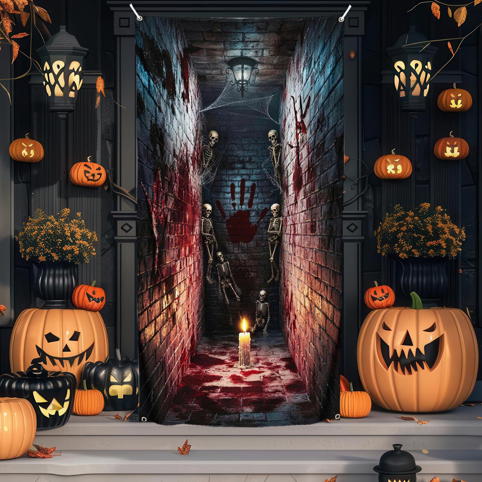 Dekoracje na drzwi Halloween, baner, cukierek albo psikus, Halloween, osłona drzwi, tkanina, horror, szkielet, korytarz, wiszące drzwi, Halloween, baner, dekoracja na drzwi wejściowe, werandę, na